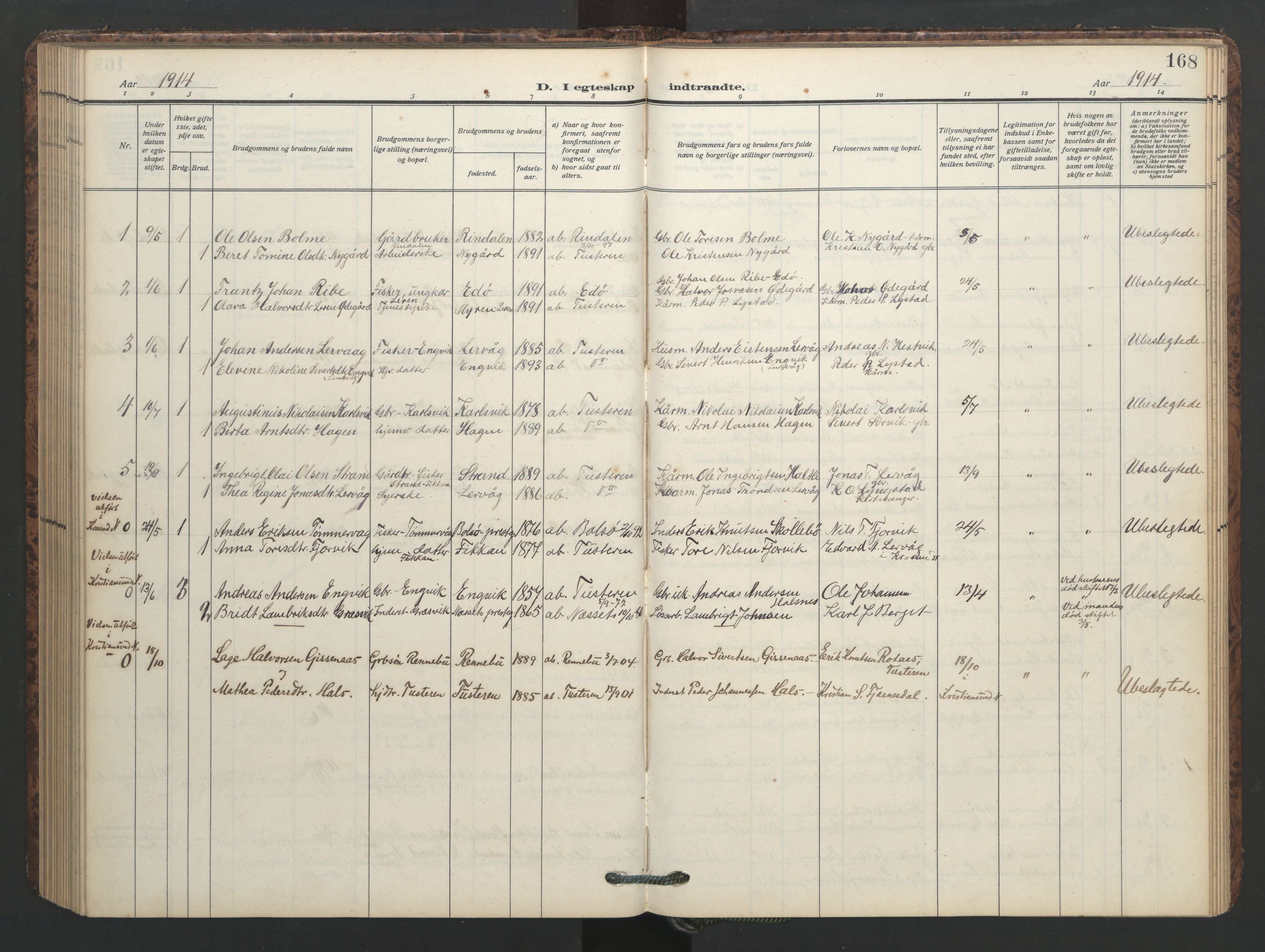 Ministerialprotokoller, klokkerbøker og fødselsregistre - Møre og Romsdal, AV/SAT-A-1454/577/L0897: Parish register (copy) no. 577C01, 1909-1946, p. 168