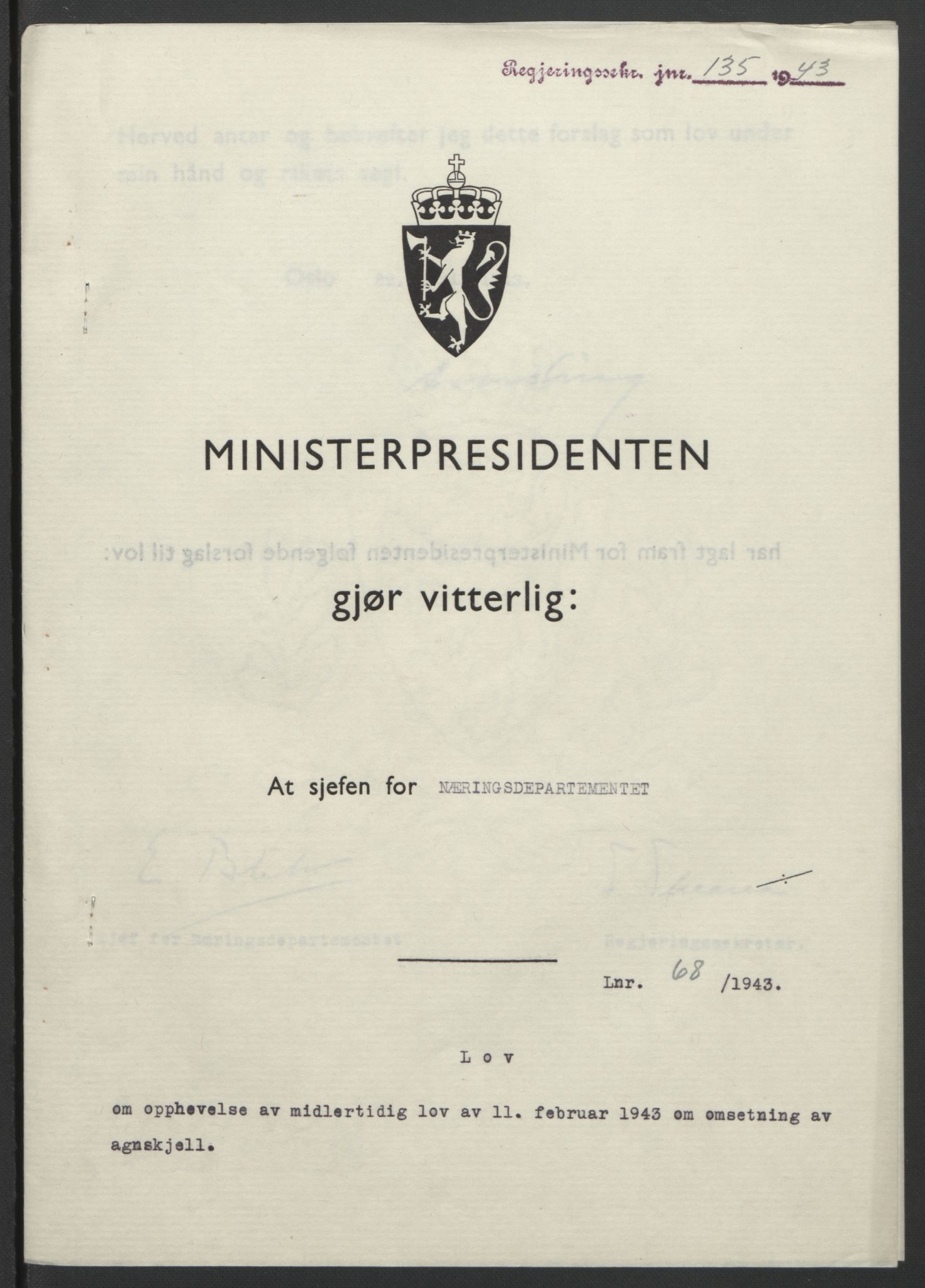 NS-administrasjonen 1940-1945 (Statsrådsekretariatet, de kommisariske statsråder mm), RA/S-4279/D/Db/L0099: Lover, 1943, p. 312