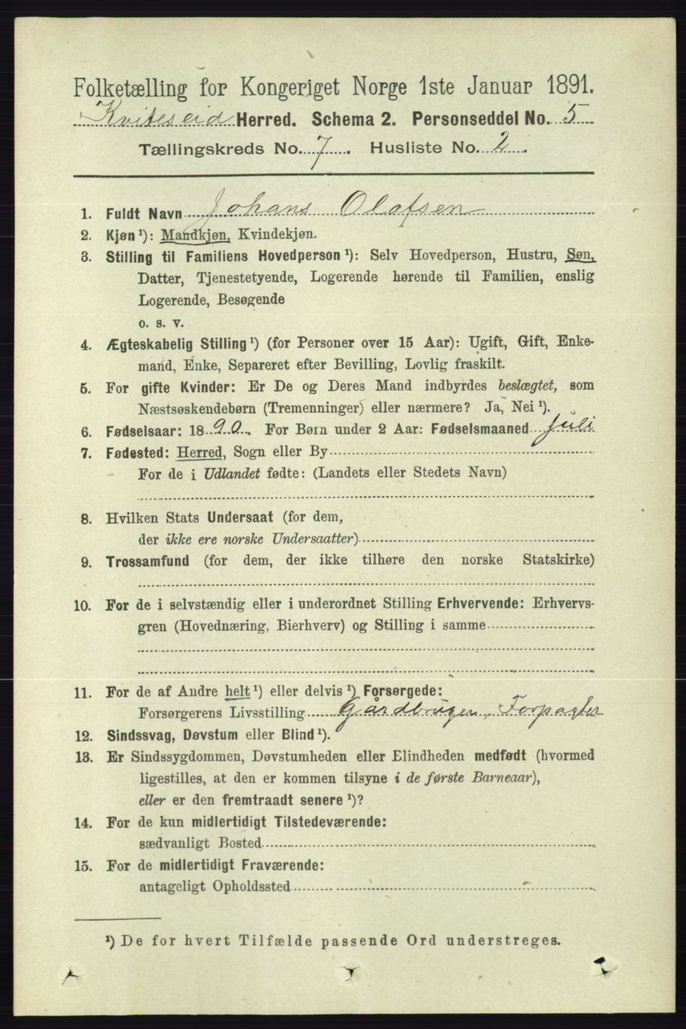 RA, 1891 census for 0829 Kviteseid, 1891, p. 1376