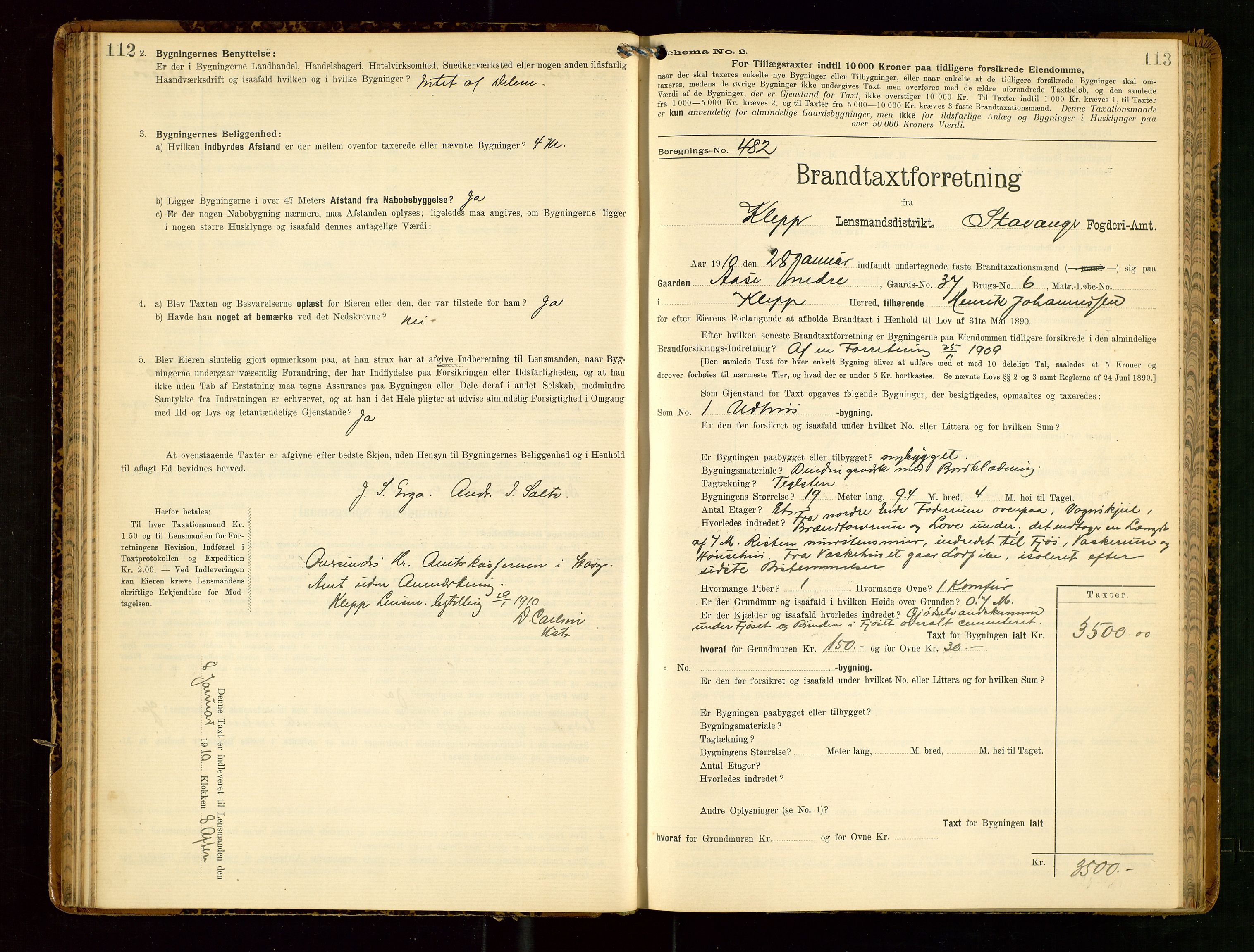 Klepp lensmannskontor, SAST/A-100163/Goc/L0006: "Brandtaxationsprotokol" m/register, 1908-1912, p. 112-113