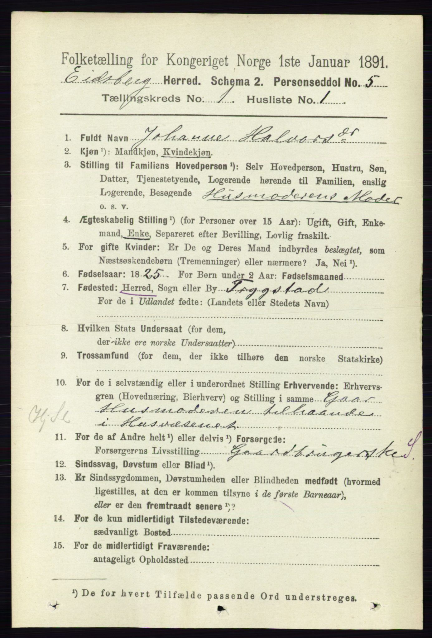 RA, 1891 census for 0125 Eidsberg, 1891, p. 143