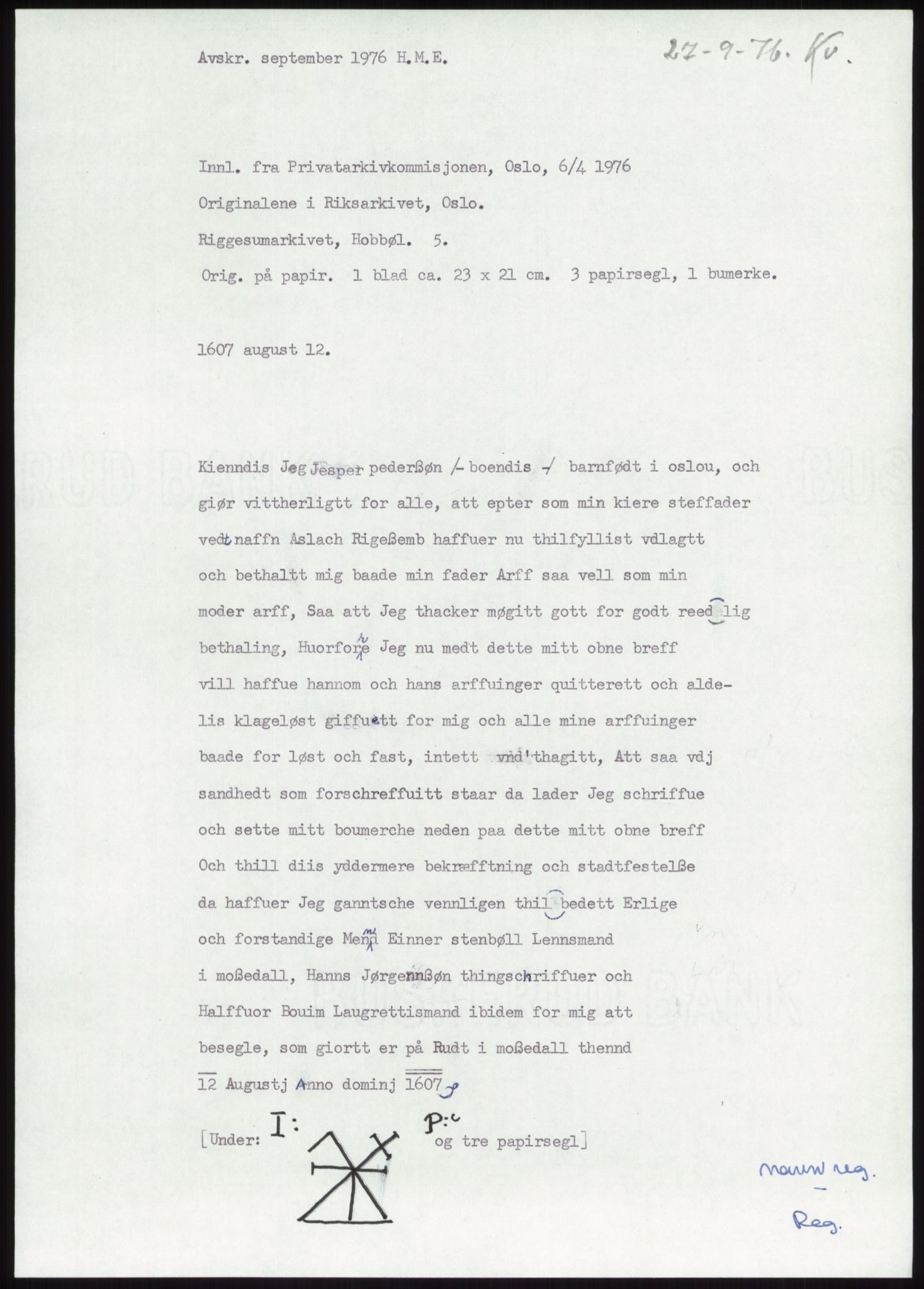 Samlinger til kildeutgivelse, Diplomavskriftsamlingen, RA/EA-4053/H/Ha, p. 847