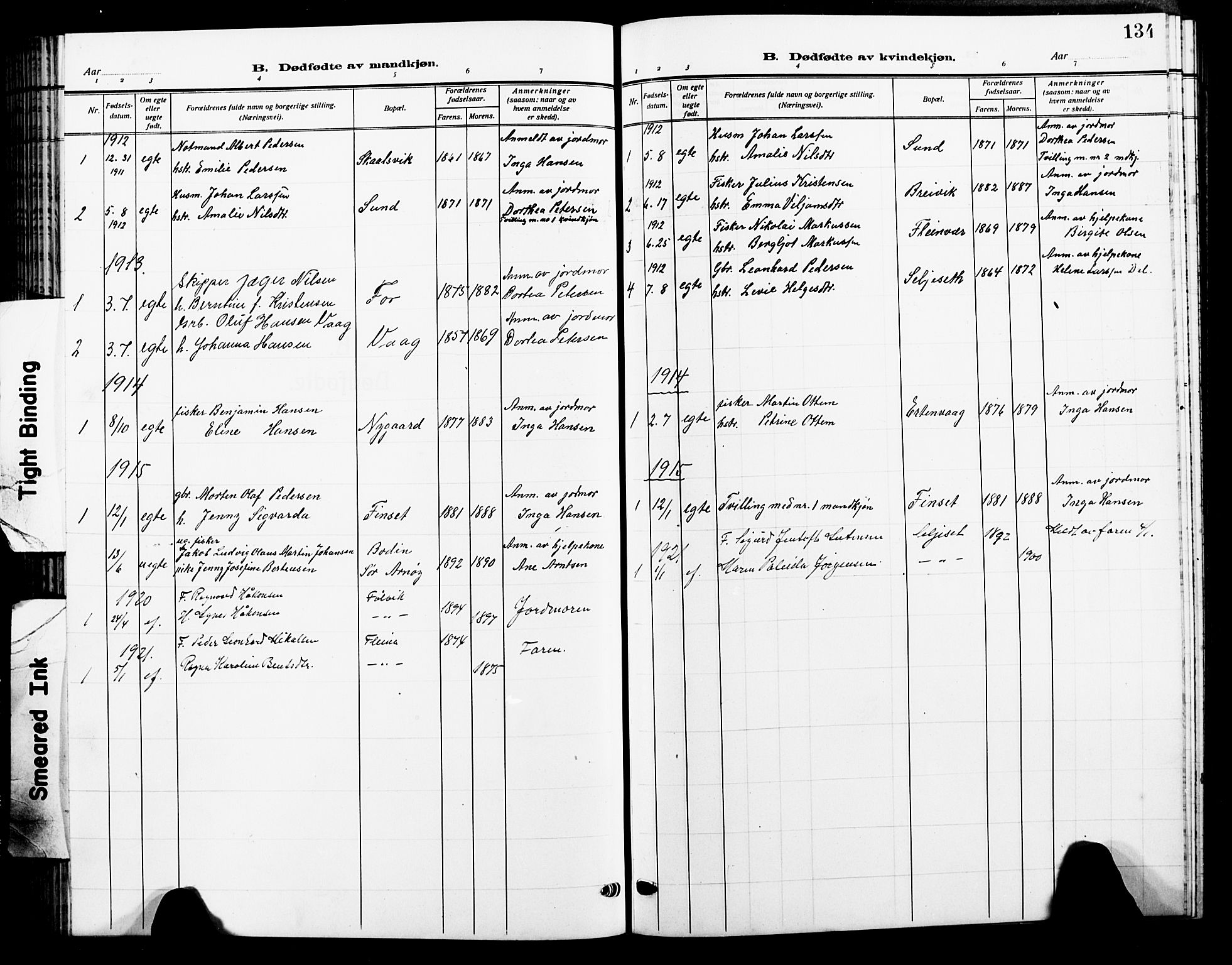 Ministerialprotokoller, klokkerbøker og fødselsregistre - Nordland, AV/SAT-A-1459/805/L0110: Parish register (copy) no. 805C06, 1909-1924, p. 134