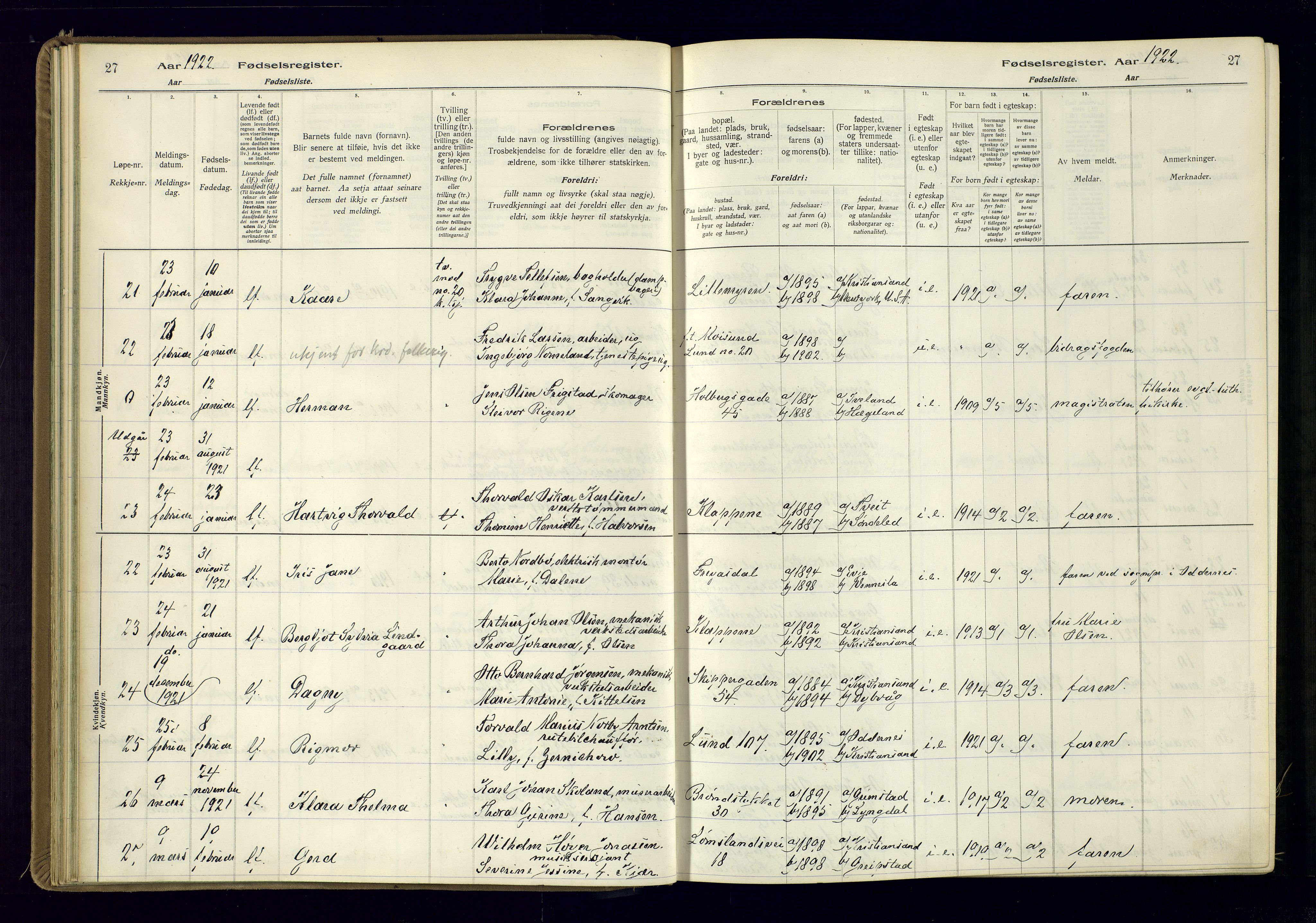 Kristiansand domprosti, AV/SAK-1112-0006/J/Jc/L0002: Birth register no. A-VI-46, 1921-1926, p. 27