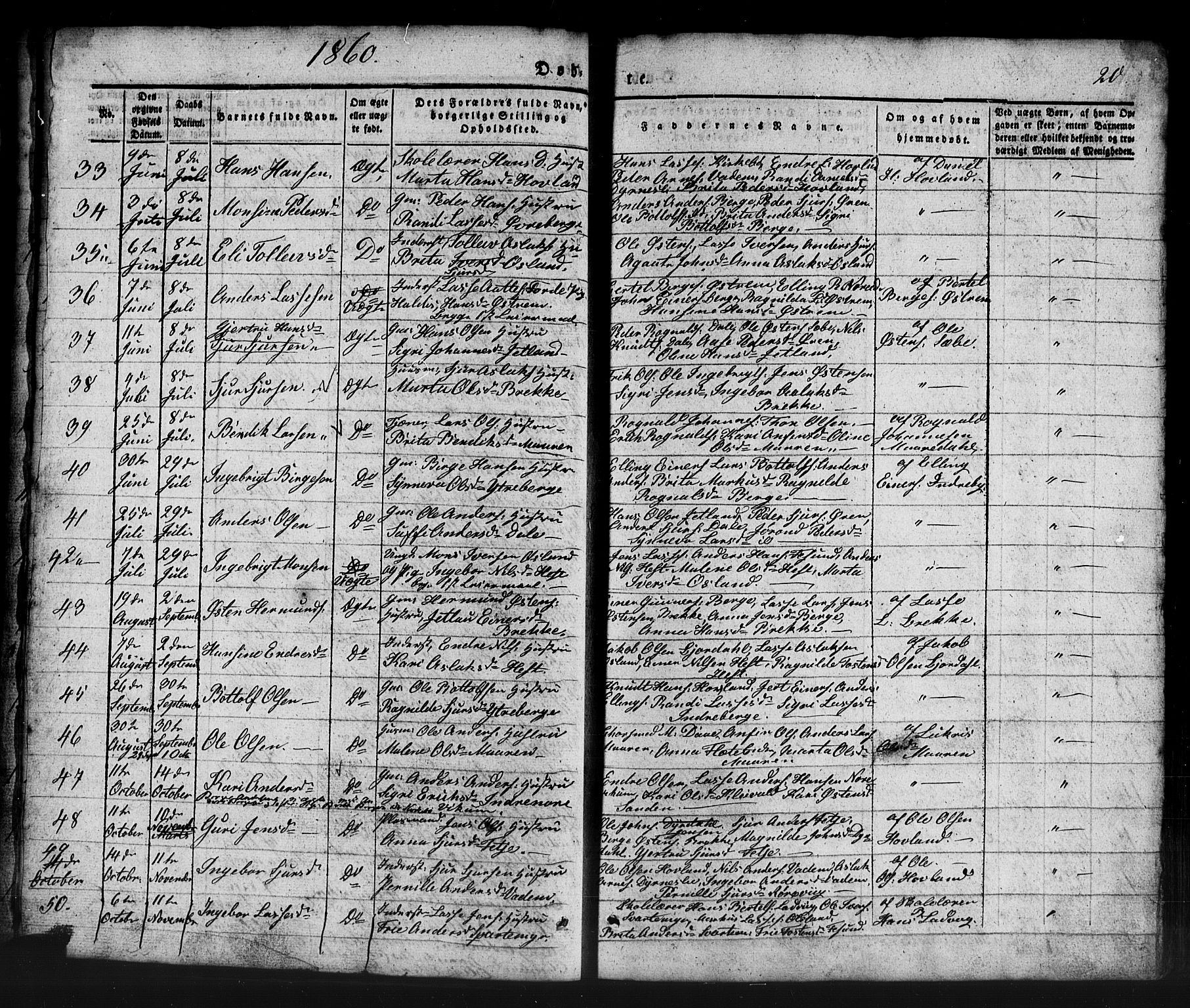 Lavik sokneprestembete, SAB/A-80901: Parish register (copy) no. B 1, 1854-1881, p. 20