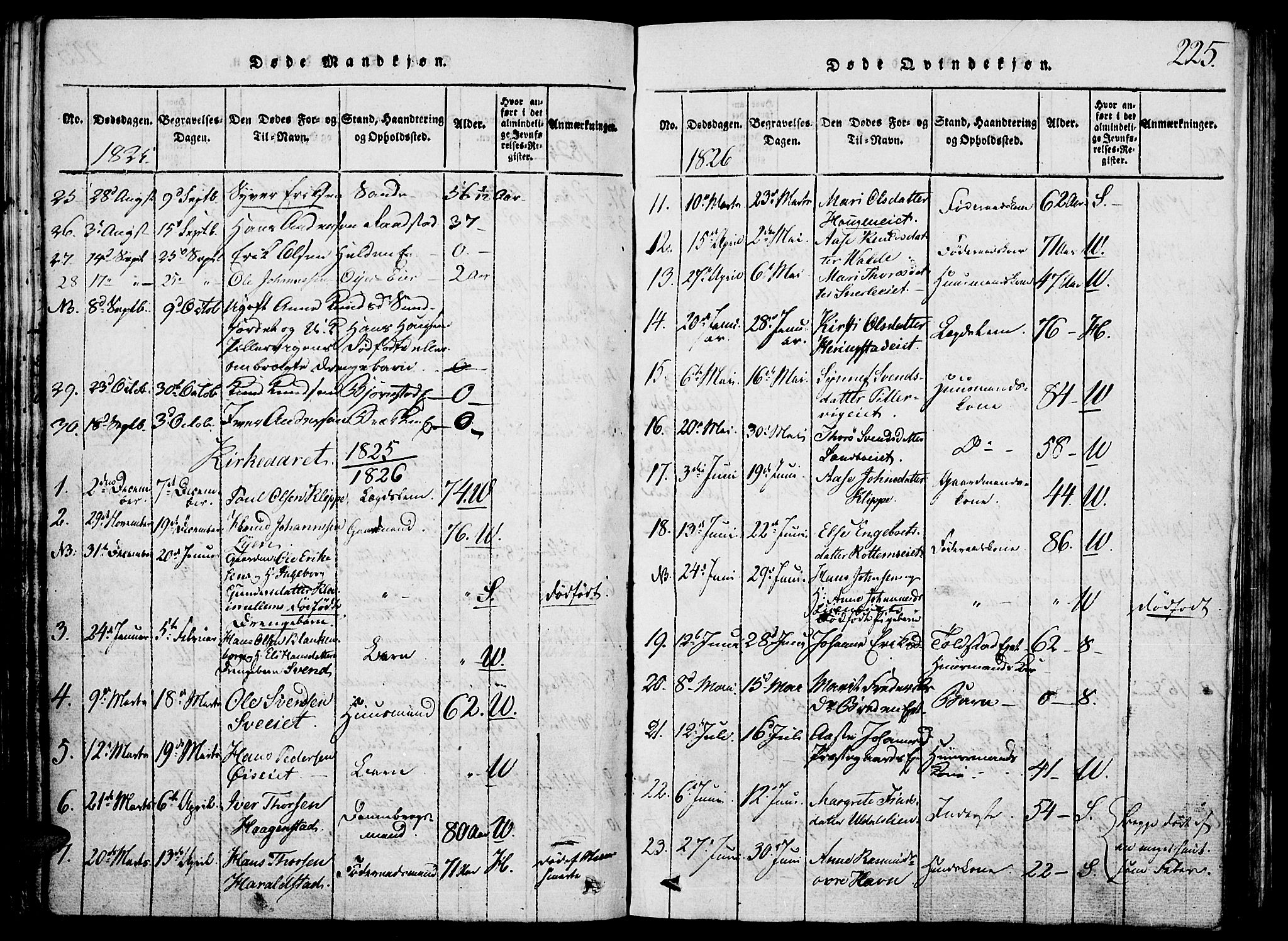Vågå prestekontor, SAH/PREST-076/H/Ha/Hab/L0001: Parish register (copy) no. 1, 1815-1827, p. 224-225