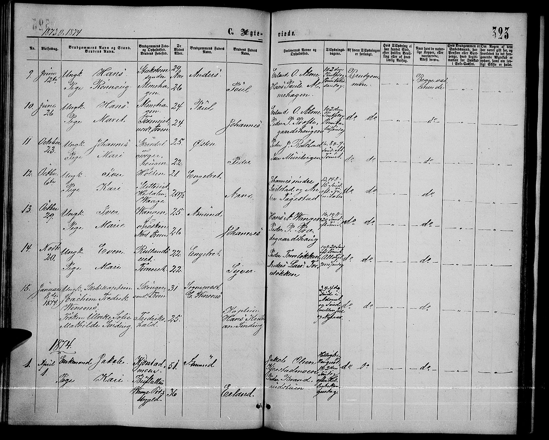Sør-Fron prestekontor, SAH/PREST-010/H/Ha/Hab/L0002: Parish register (copy) no. 2, 1864-1883, p. 323