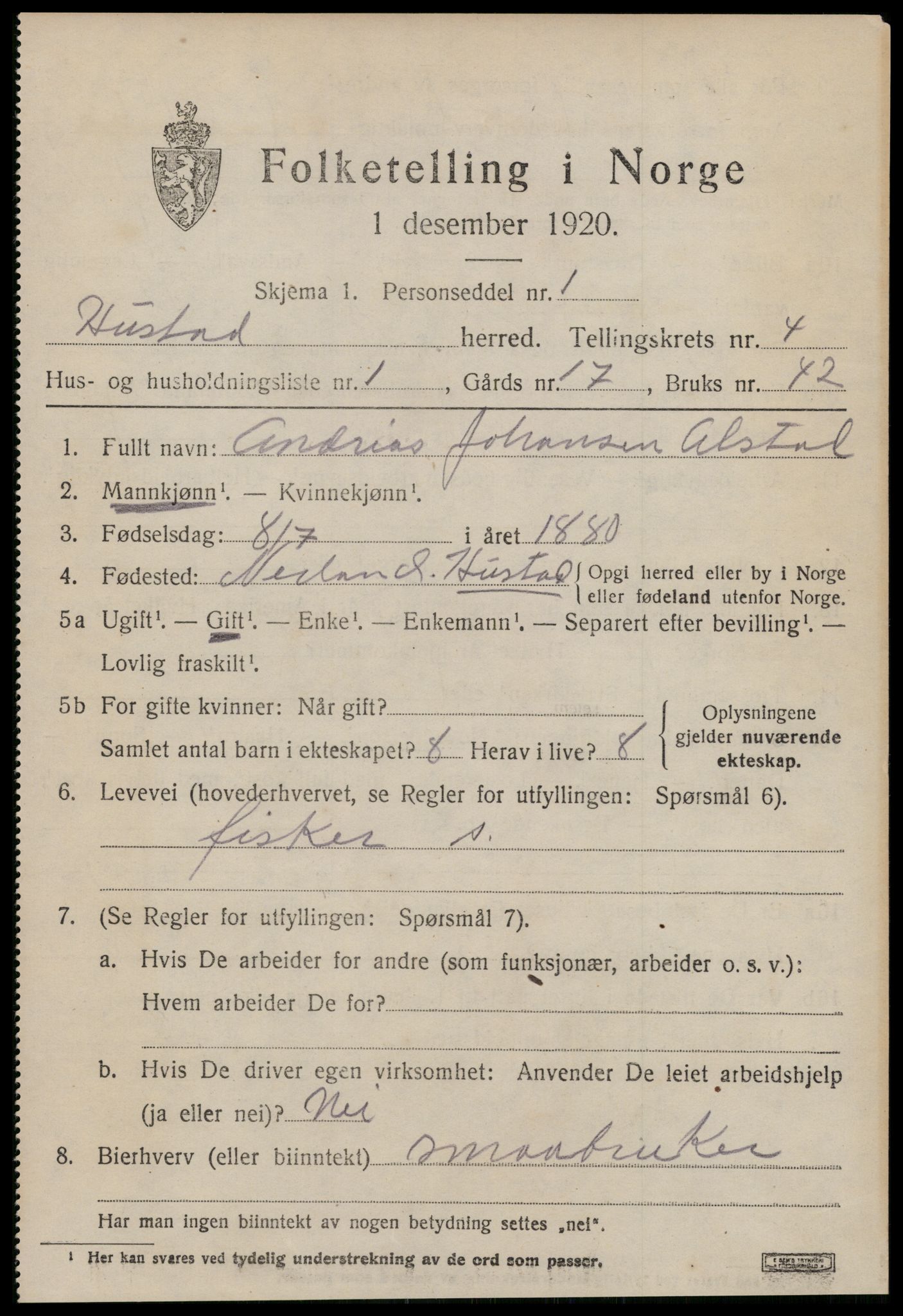 SAT, 1920 census for Hustad, 1920, p. 2947