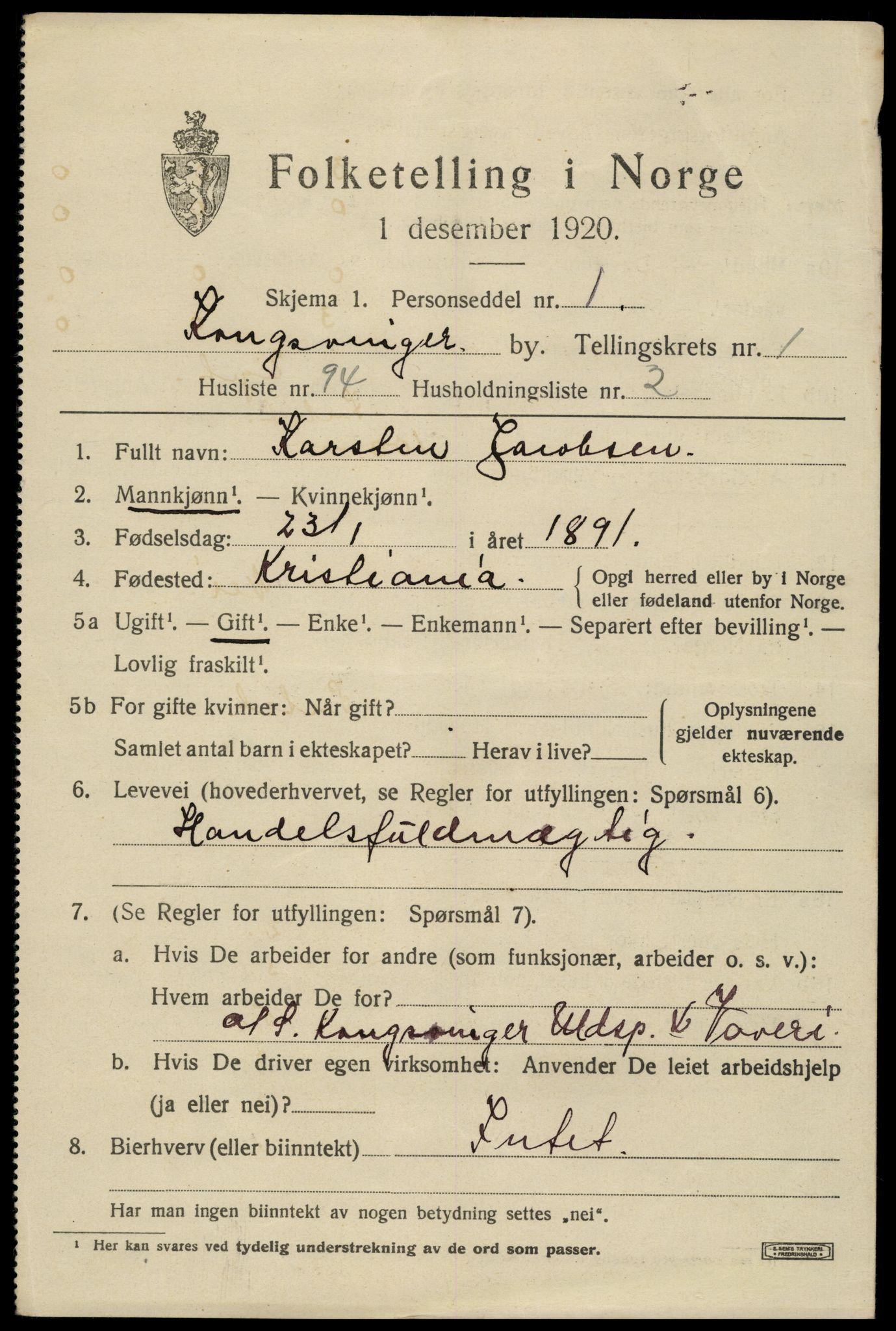 SAH, 1920 census for Kongsvinger, 1920, p. 3325