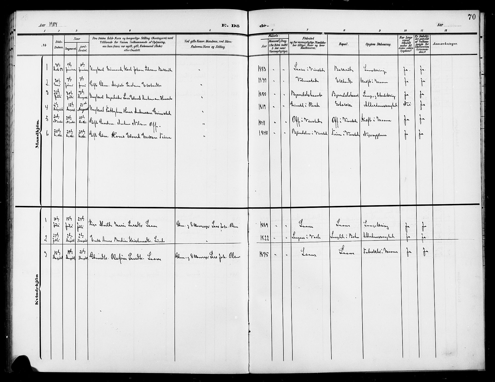 Ramnes kirkebøker, SAKO/A-314/G/Gc/L0002: Parish register (copy) no. III 2, 1903-1924, p. 70