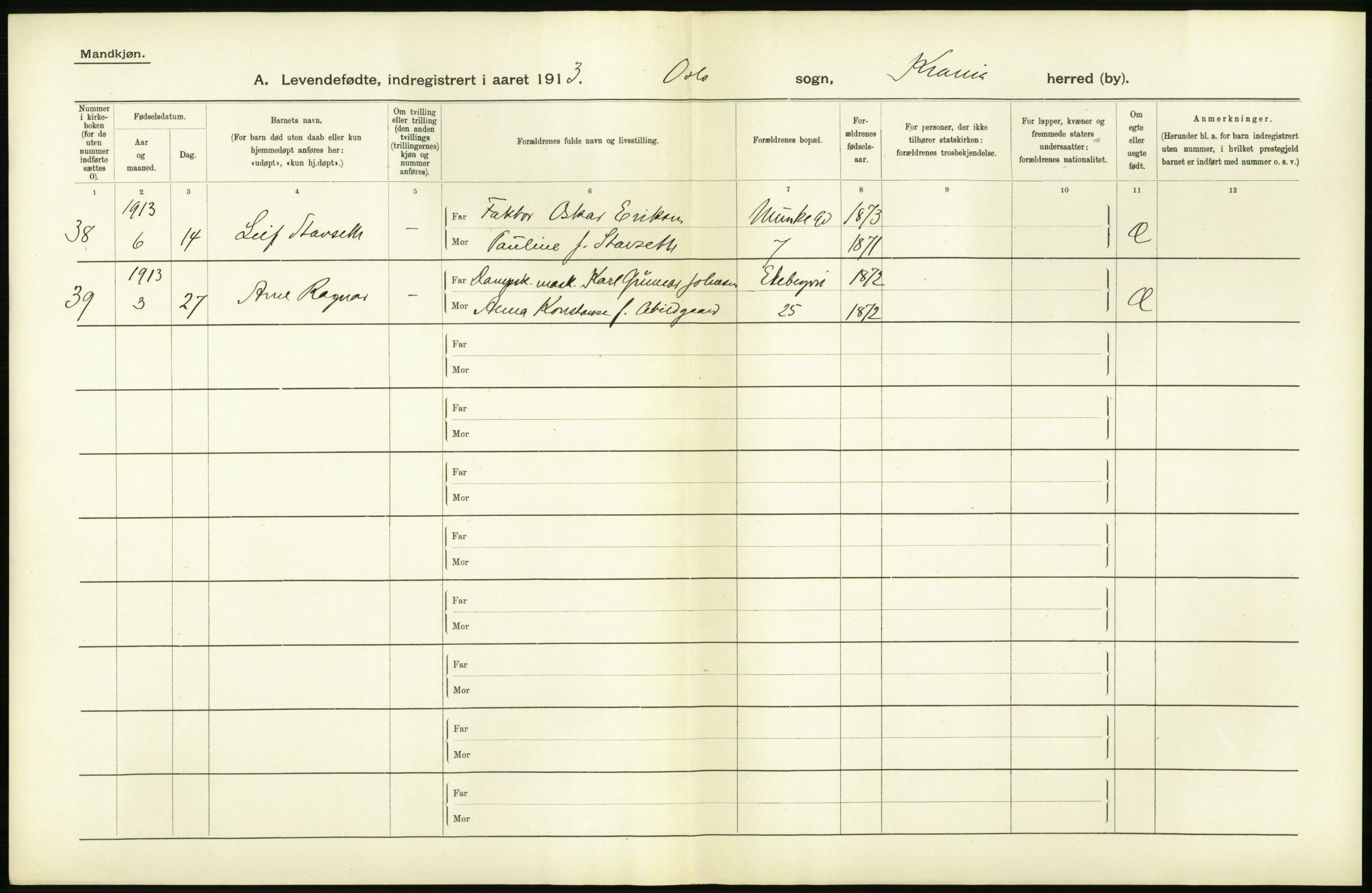 Statistisk sentralbyrå, Sosiodemografiske emner, Befolkning, AV/RA-S-2228/D/Df/Dfb/Dfbc/L0007: Kristiania: Levendefødte menn og kvinner., 1913, p. 804