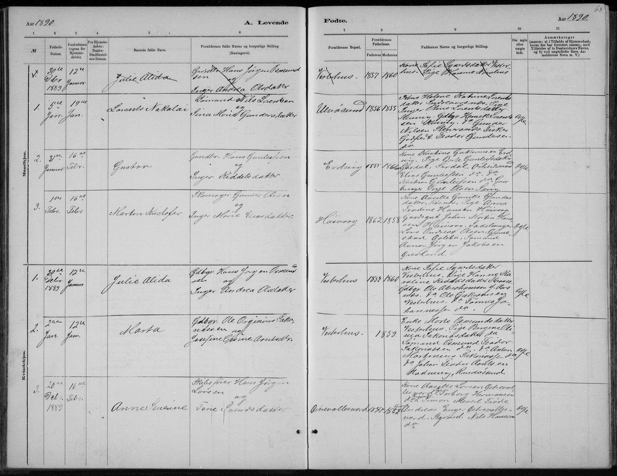 Høvåg sokneprestkontor, SAK/1111-0025/F/Fb/L0004: Parish register (copy) no. B 4, 1883-1898, p. 68