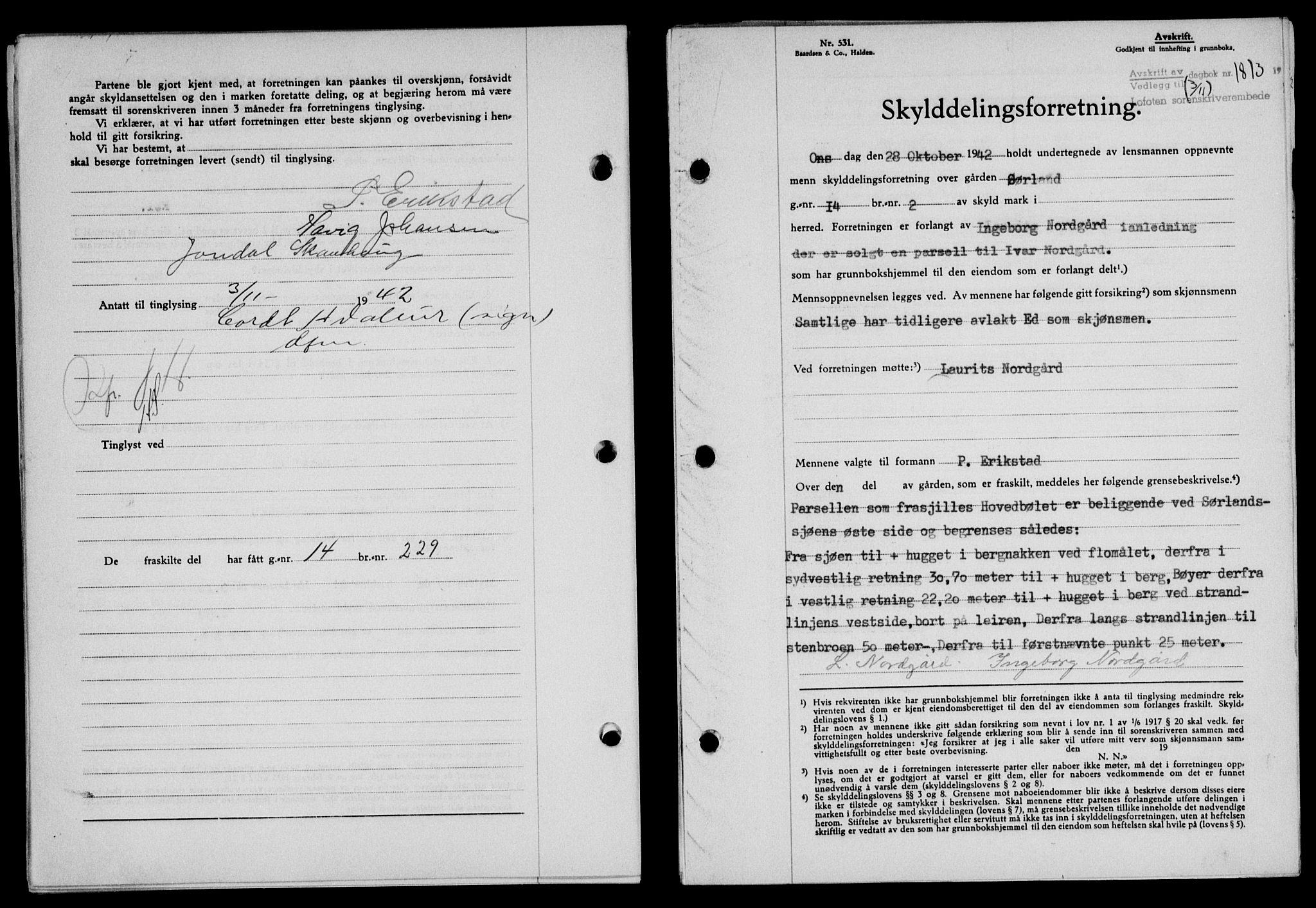 Lofoten sorenskriveri, SAT/A-0017/1/2/2C/L0010a: Mortgage book no. 10a, 1942-1943, Diary no: : 1813/1942