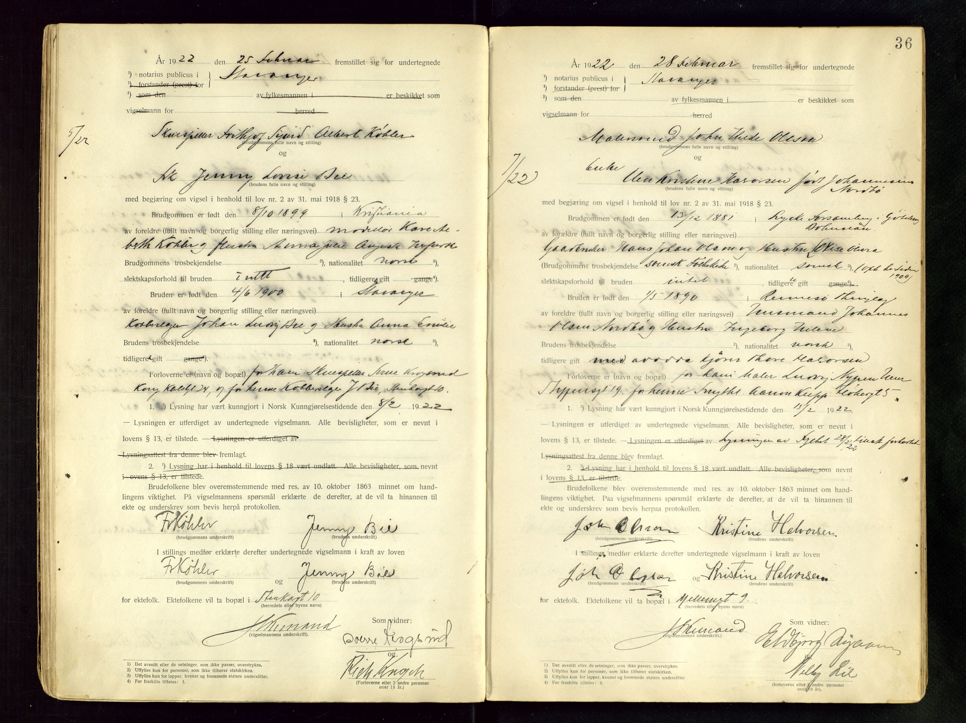Stavanger byfogd, AV/SAST-A-101408/001/6/62/62BB/L0001: Vigselsprotokoll, 1920-1926, p. 36