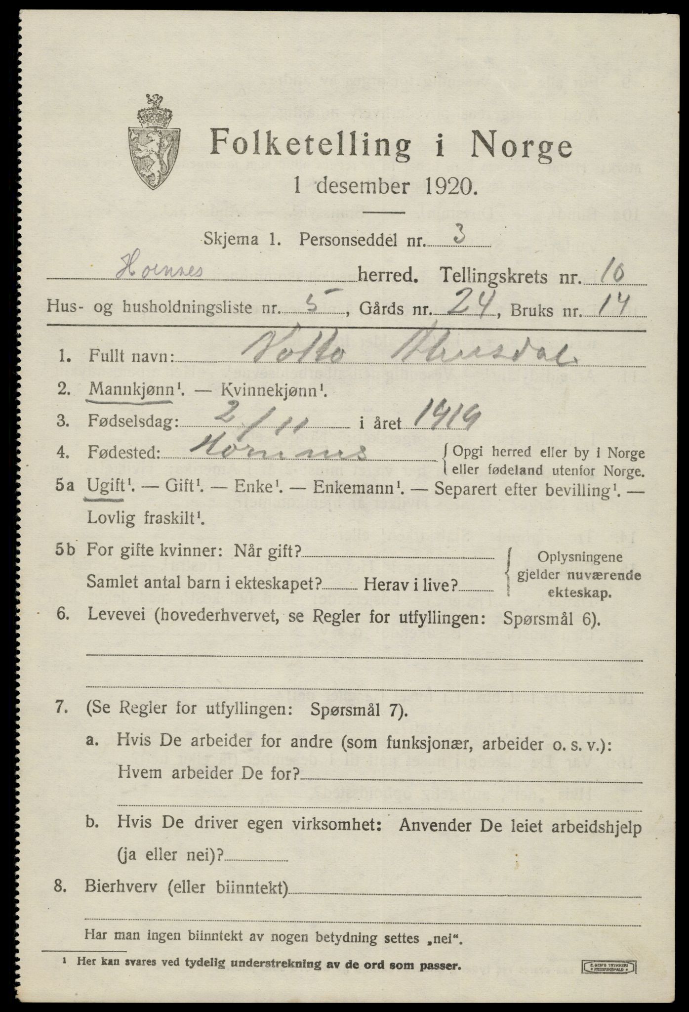 SAK, 1920 census for Hornnes, 1920, p. 2545