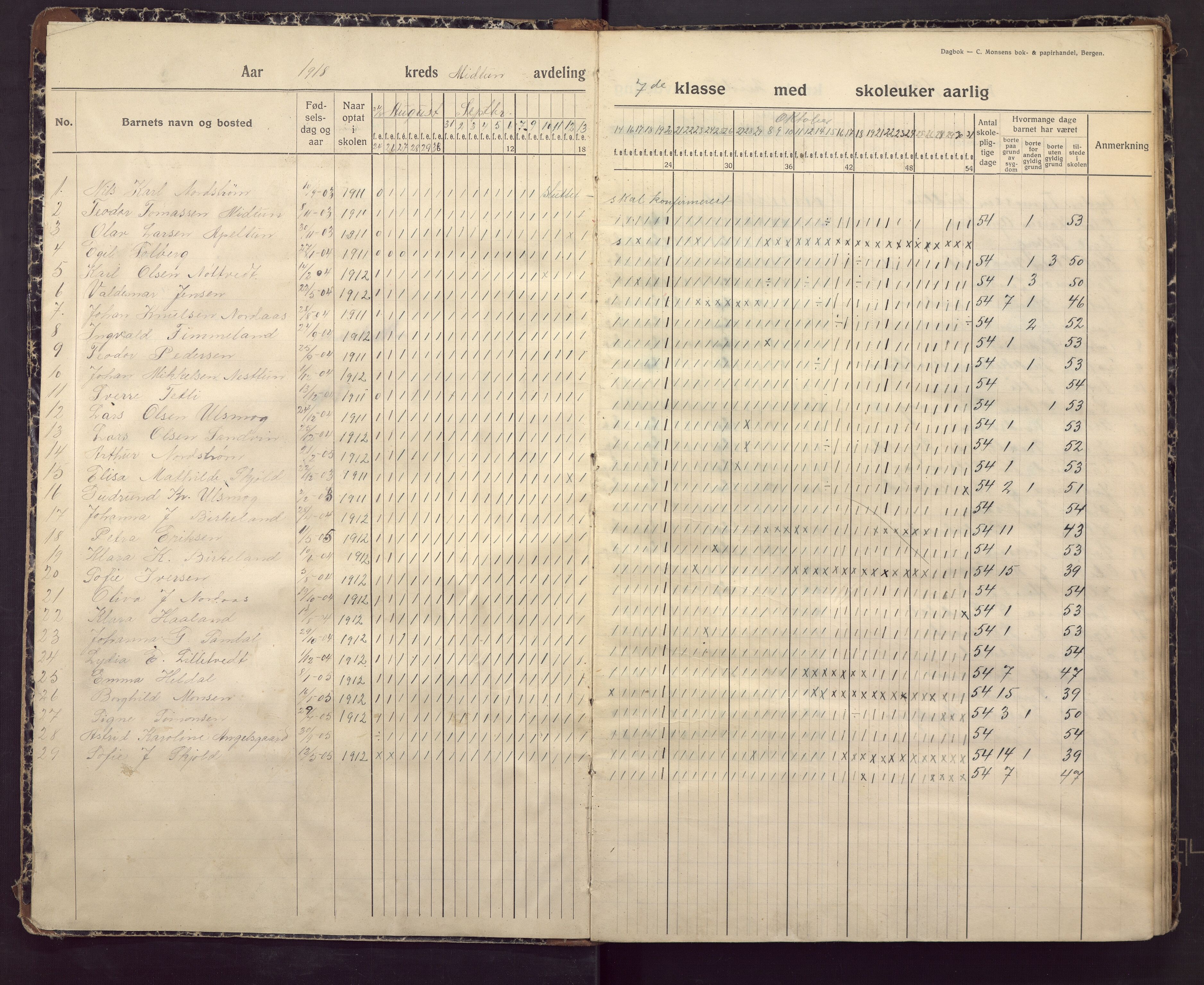 Midtun skole, BBA/A-2399/G/Ga/Gaa/L0007: Klassedagbok , 1918-1930