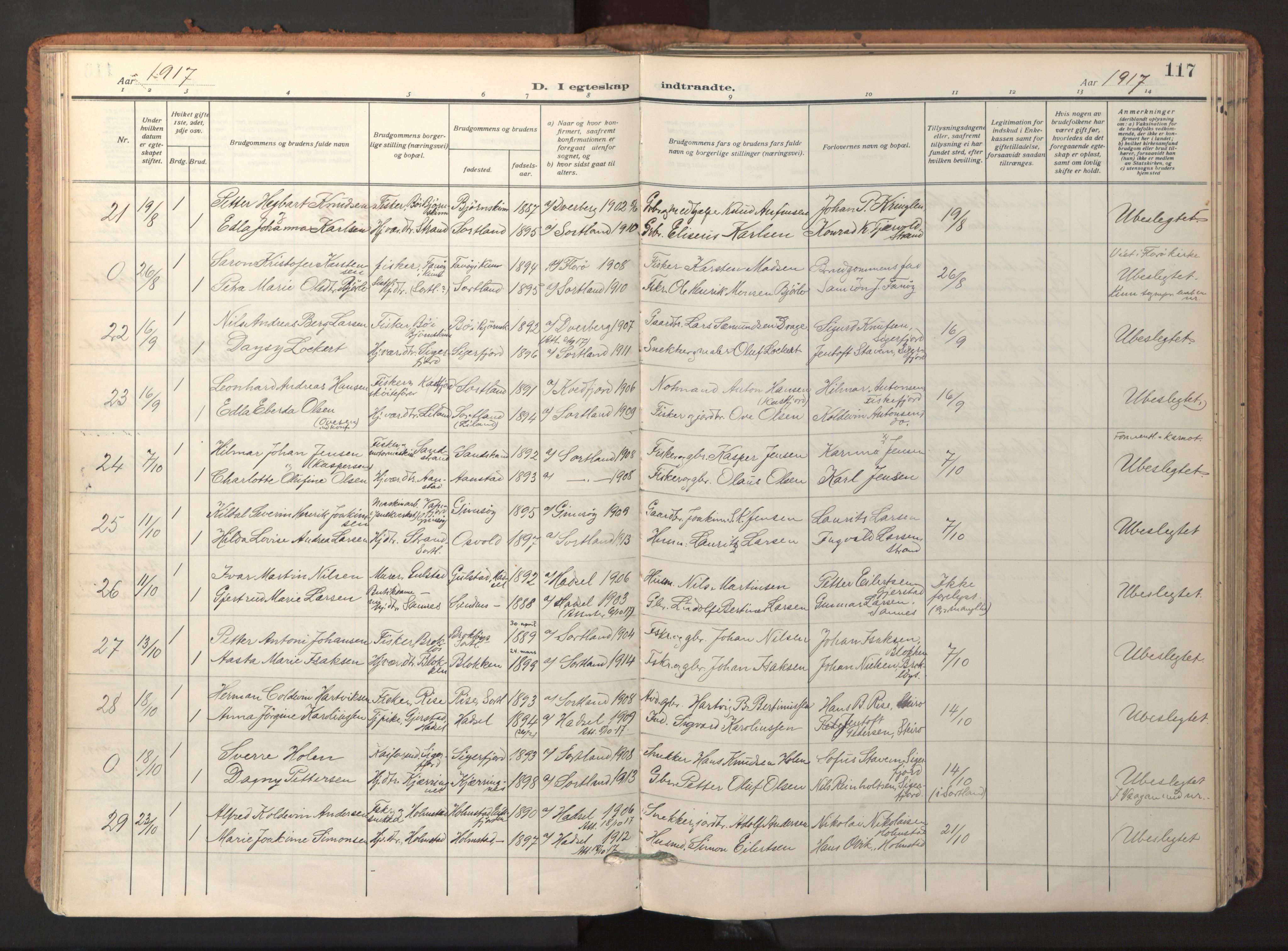 Ministerialprotokoller, klokkerbøker og fødselsregistre - Nordland, AV/SAT-A-1459/895/L1374: Parish register (official) no. 895A09, 1915-1925, p. 117