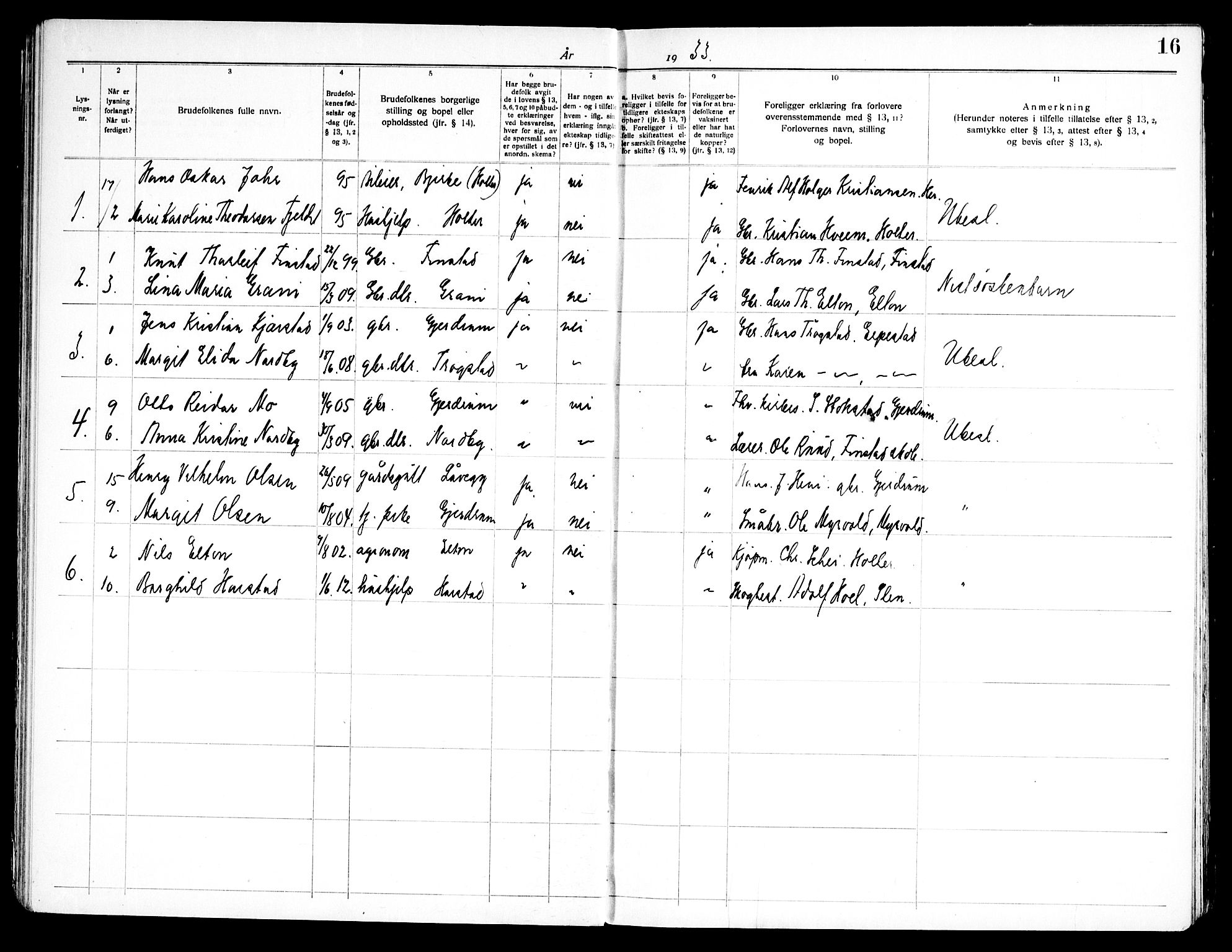 Nannestad prestekontor Kirkebøker, SAO/A-10414a/H/Hb/L0001: Banns register no. II 1, 1919-1969, p. 16