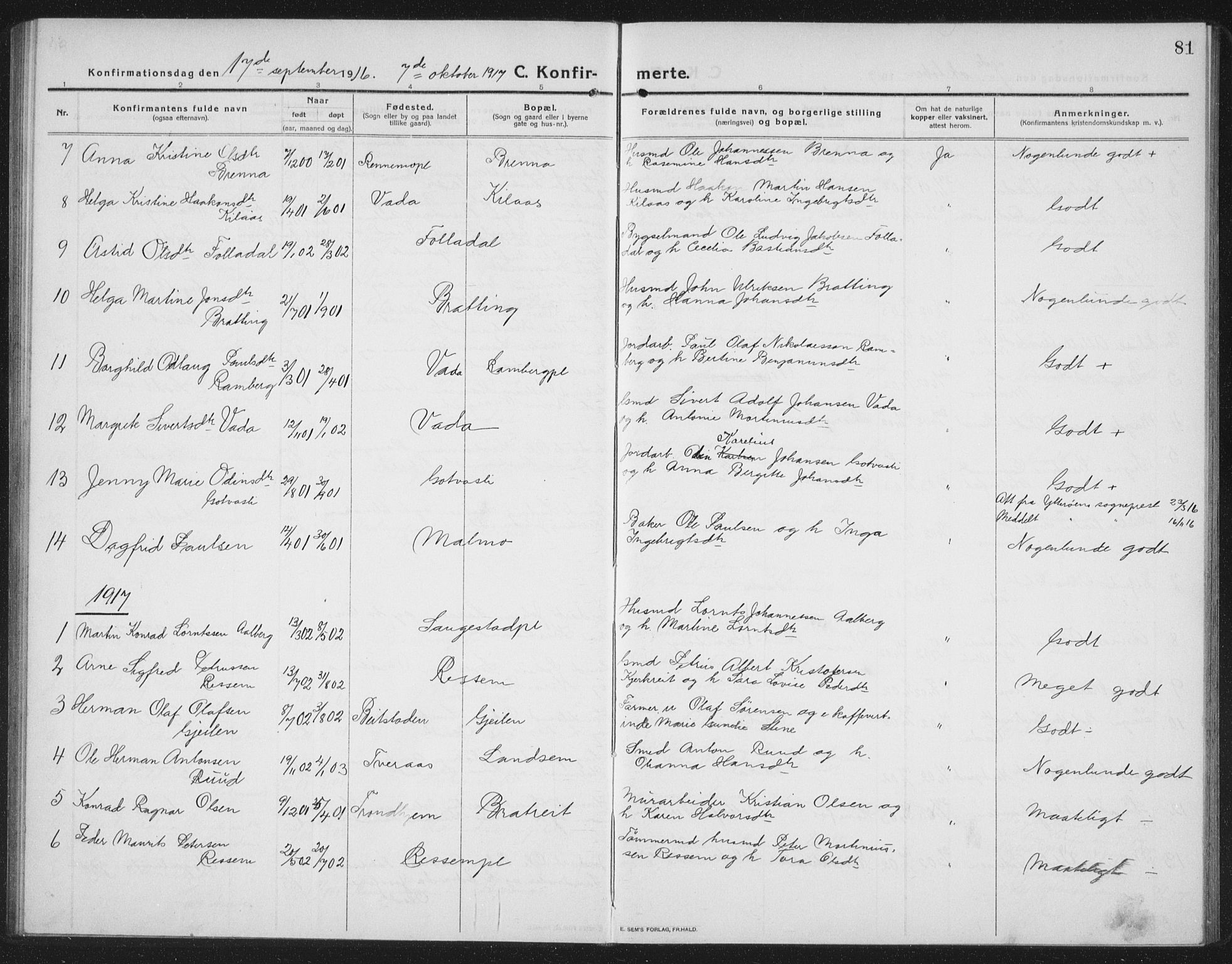 Ministerialprotokoller, klokkerbøker og fødselsregistre - Nord-Trøndelag, SAT/A-1458/745/L0434: Parish register (copy) no. 745C03, 1914-1937, p. 81