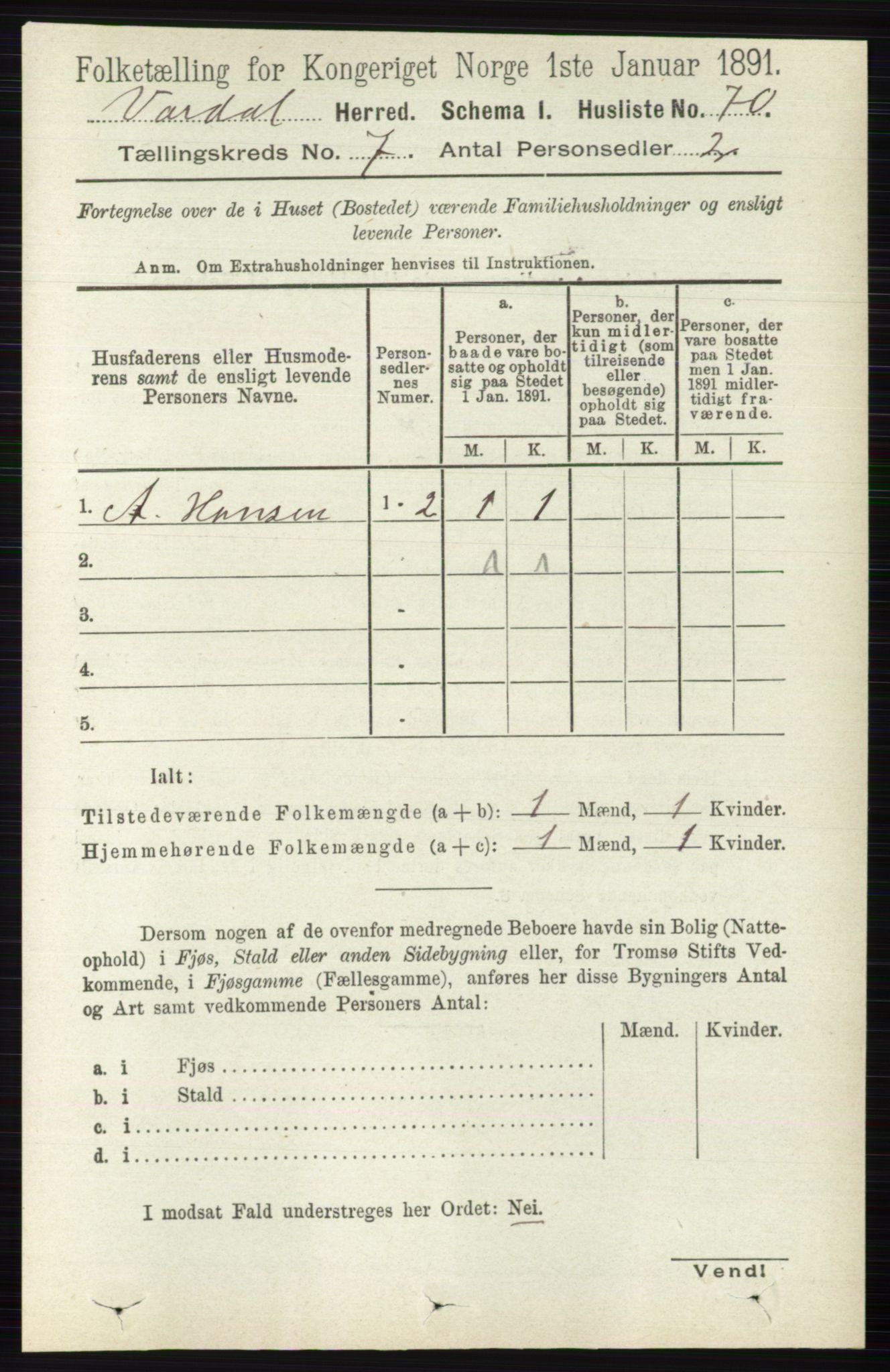 RA, 1891 census for 0527 Vardal, 1891, p. 2952