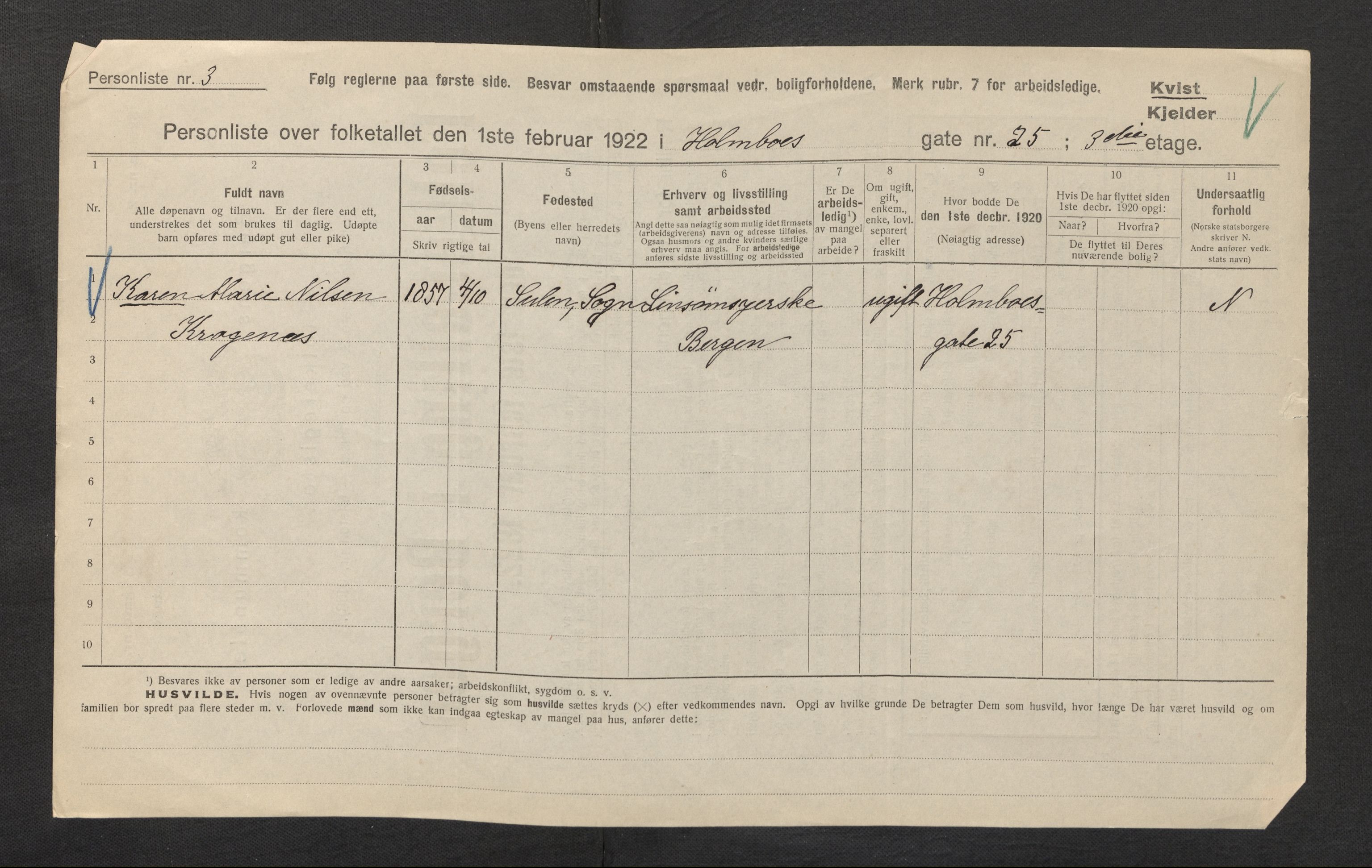 SAB, Municipal Census 1922 for Bergen, 1922, p. 12923