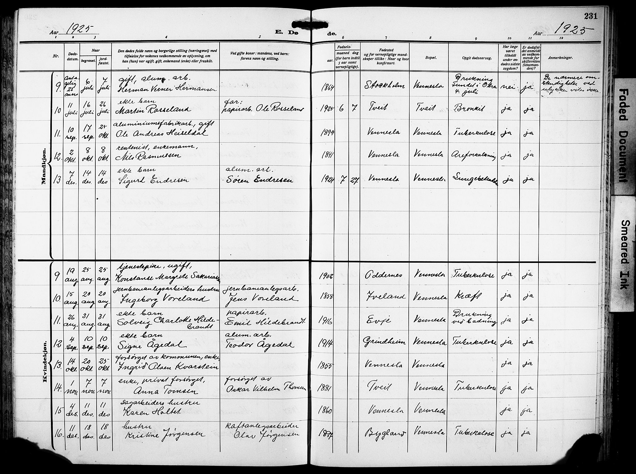 Vennesla sokneprestkontor, AV/SAK-1111-0045/Fb/Fbb/L0007: Parish register (copy) no. B 7, 1922-1933, p. 231