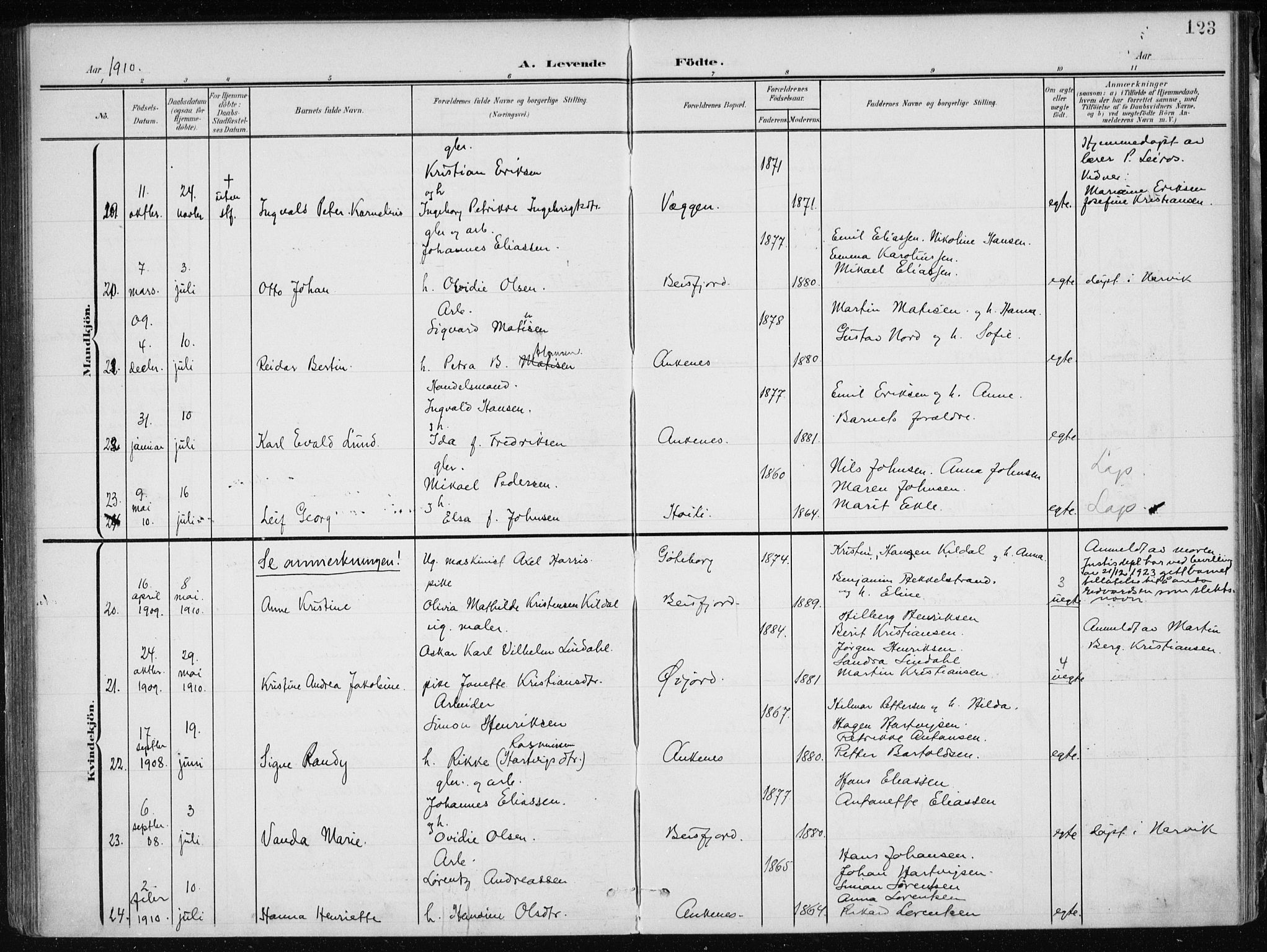 Ministerialprotokoller, klokkerbøker og fødselsregistre - Nordland, AV/SAT-A-1459/866/L0941: Parish register (official) no. 866A04, 1901-1917, p. 123