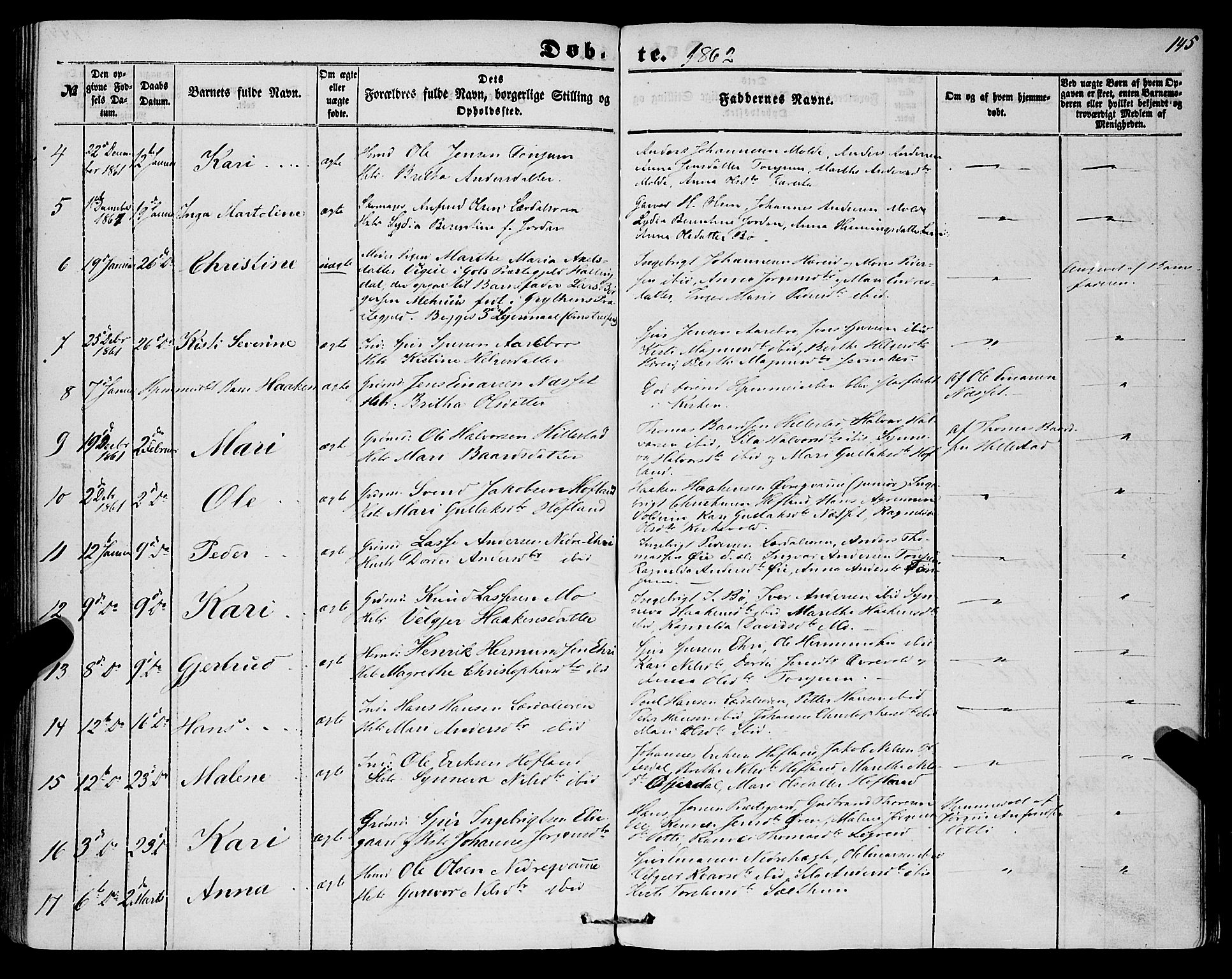 Lærdal sokneprestembete, SAB/A-81201: Parish register (official) no. A 11, 1850-1866, p. 145