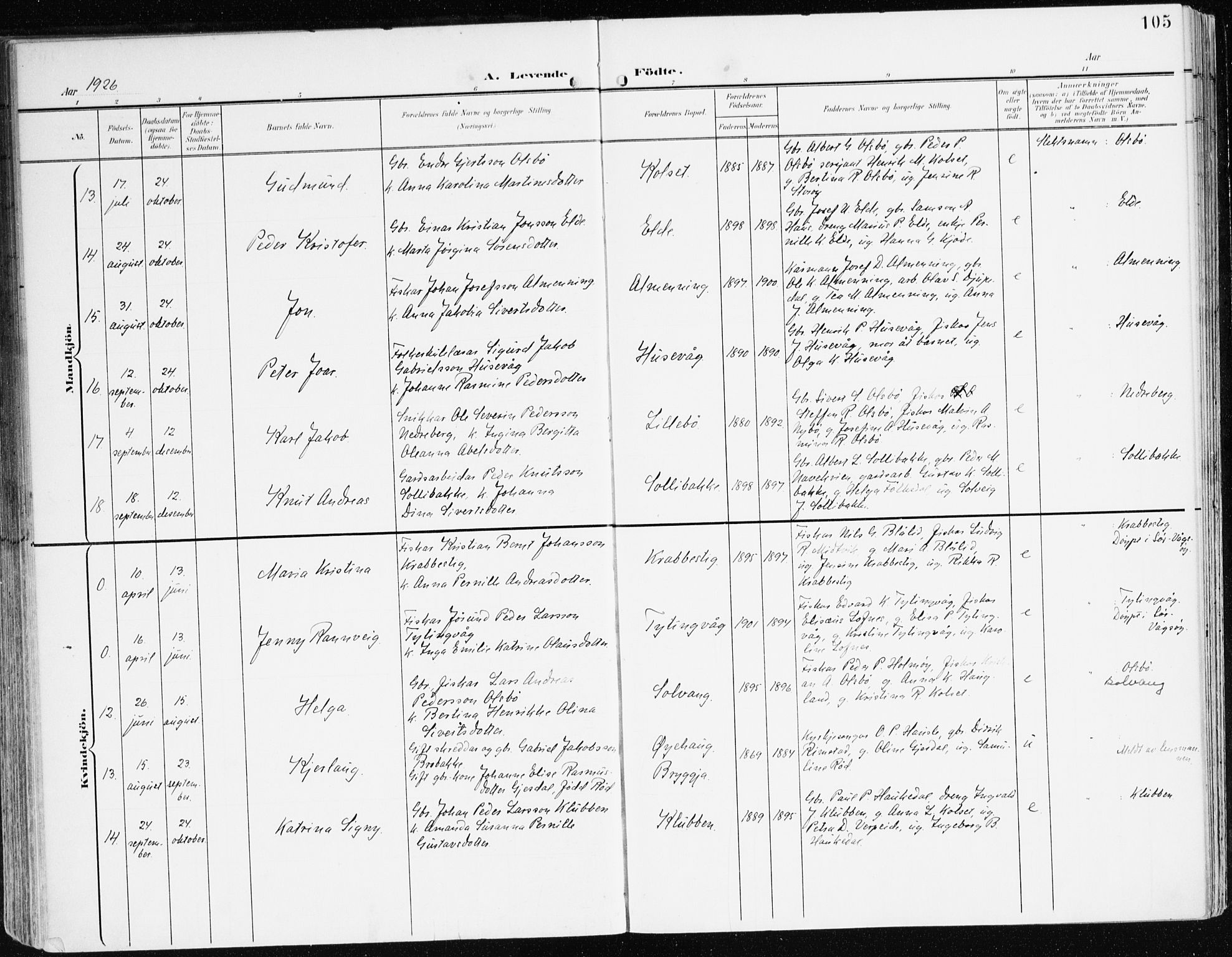 Davik sokneprestembete, AV/SAB-A-79701/H/Haa/Haad/L0002: Parish register (official) no. D 2, 1901-1930, p. 105