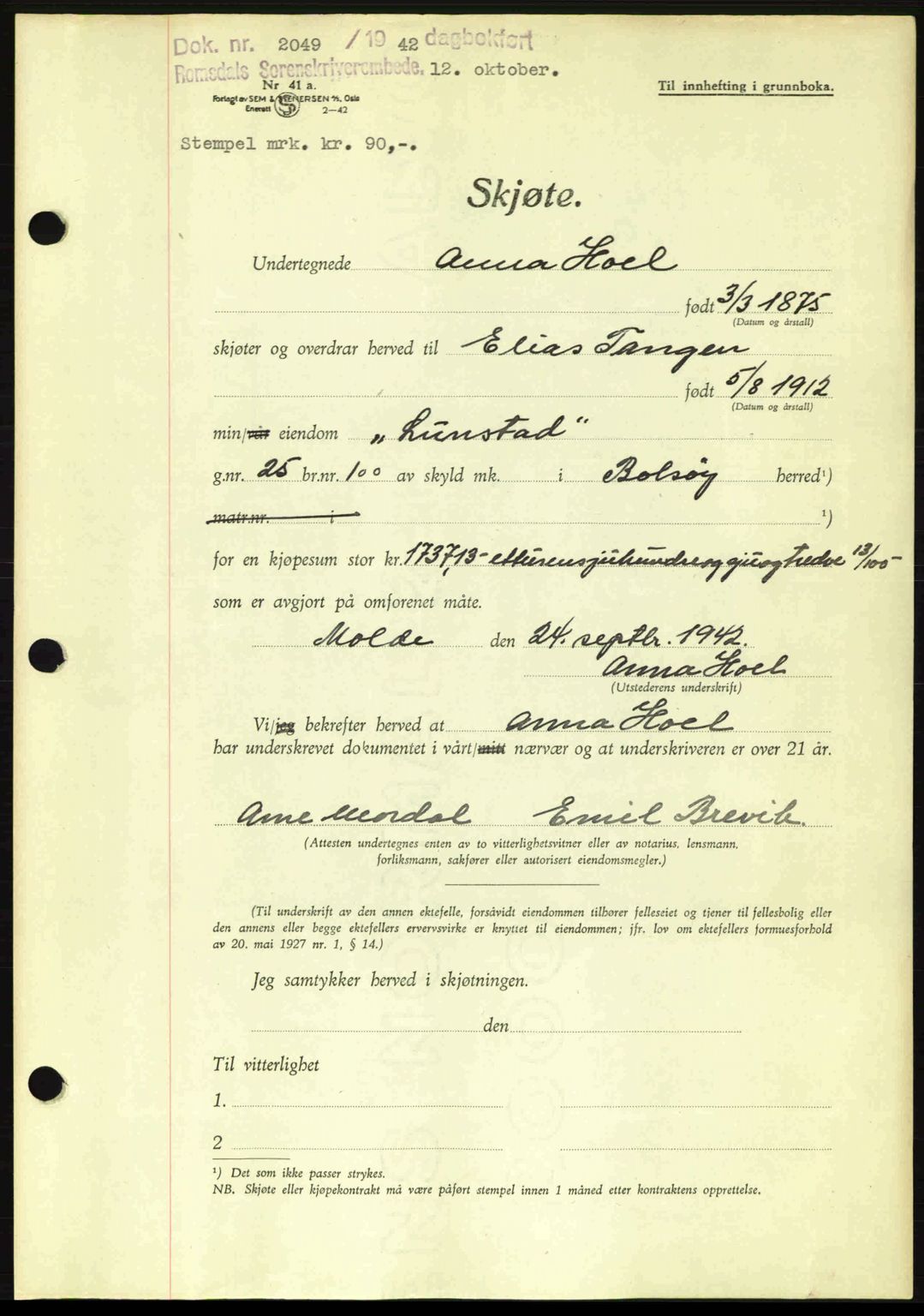 Romsdal sorenskriveri, AV/SAT-A-4149/1/2/2C: Mortgage book no. A13, 1942-1943, Diary no: : 2049/1942