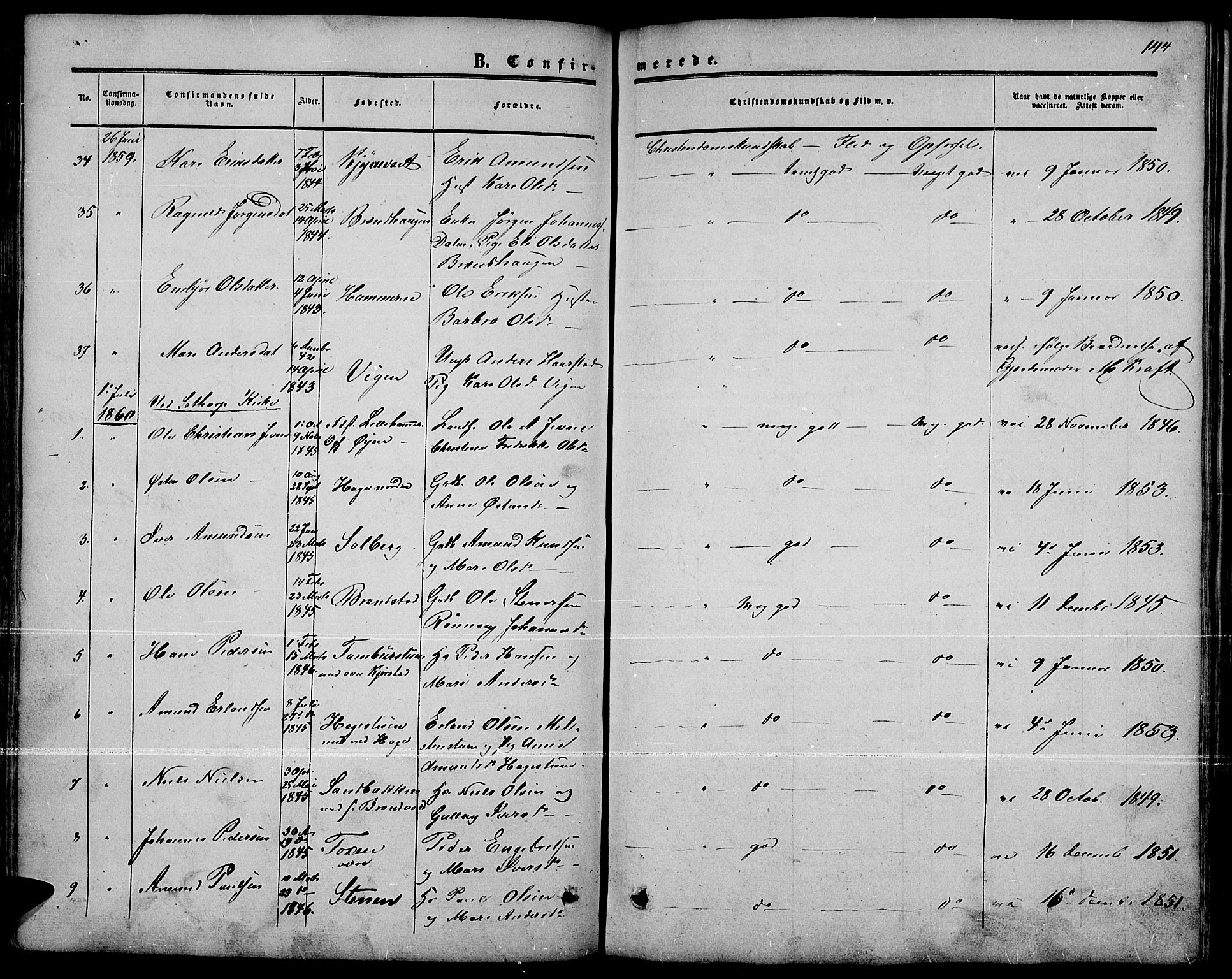 Nord-Fron prestekontor, SAH/PREST-080/H/Ha/Hab/L0001: Parish register (copy) no. 1, 1851-1883, p. 144