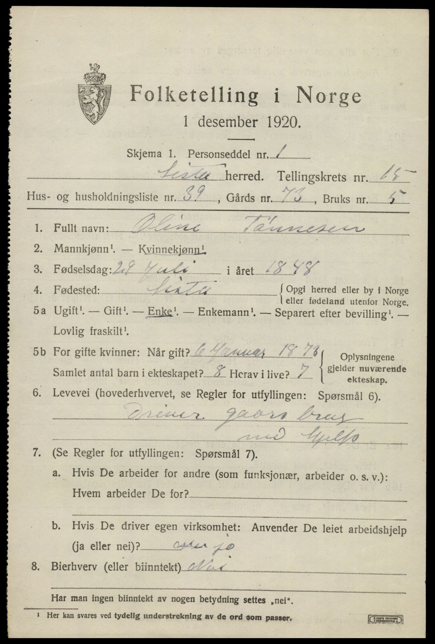 SAK, 1920 census for Lista, 1920, p. 12925