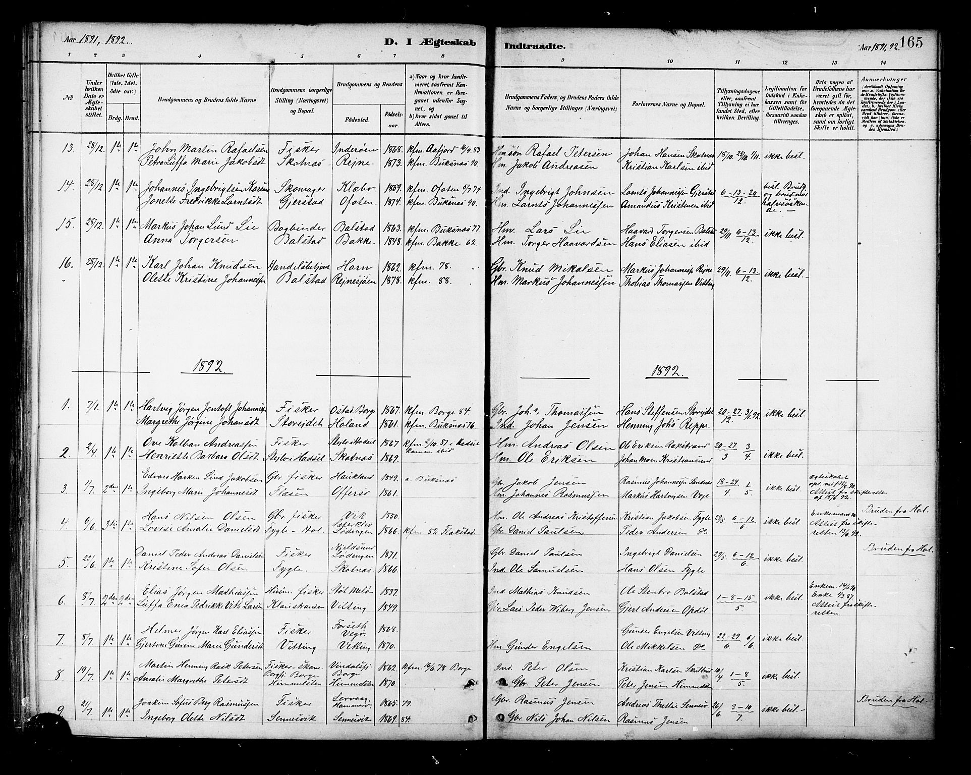 Ministerialprotokoller, klokkerbøker og fødselsregistre - Nordland, SAT/A-1459/881/L1167: Parish register (copy) no. 881C04, 1886-1899, p. 165