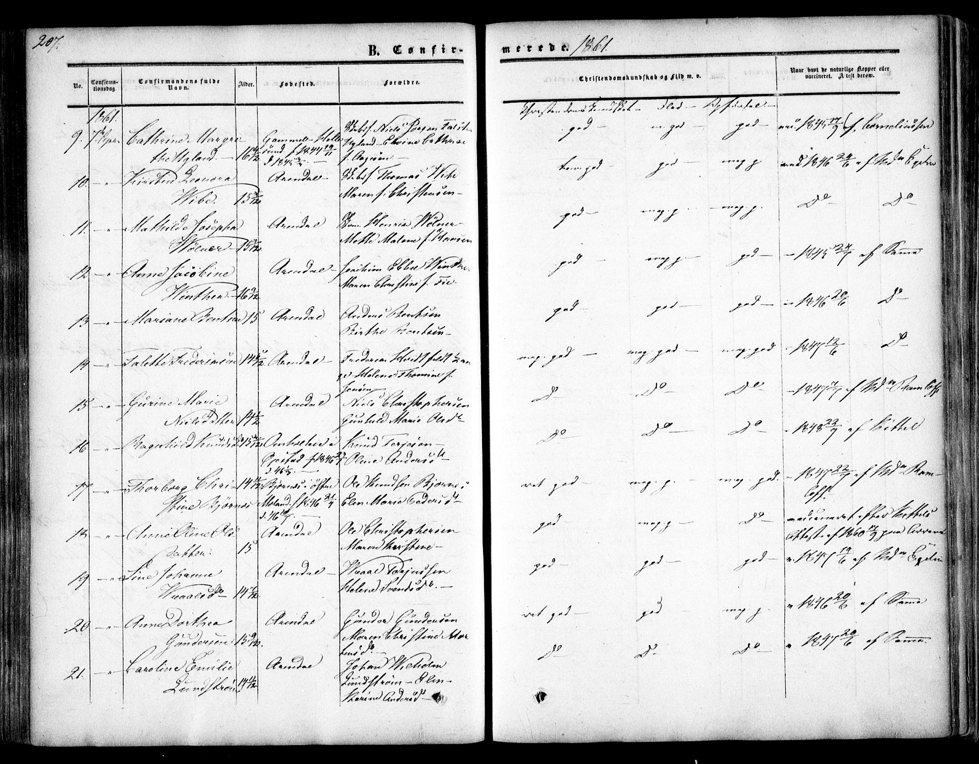 Arendal sokneprestkontor, Trefoldighet, SAK/1111-0040/F/Fa/L0006: Parish register (official) no. A 6, 1855-1868, p. 207