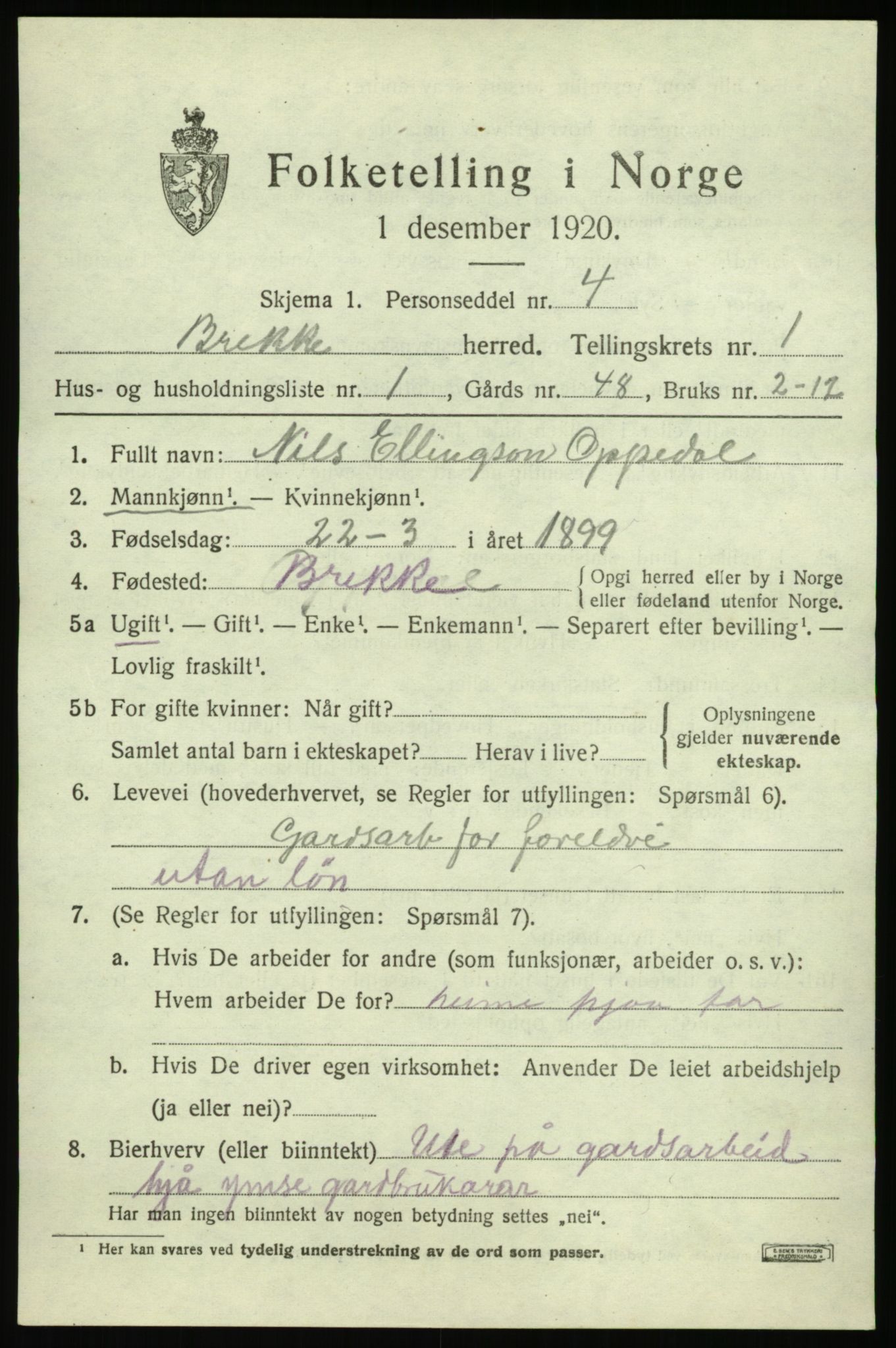 SAB, 1920 census for Brekke, 1920, p. 336