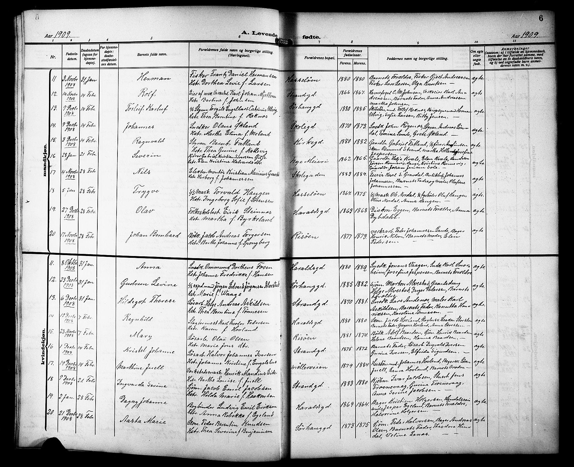 Haugesund sokneprestkontor, AV/SAST-A -101863/H/Ha/Hab/L0007: Parish register (copy) no. B 7, 1909-1920, p. 6