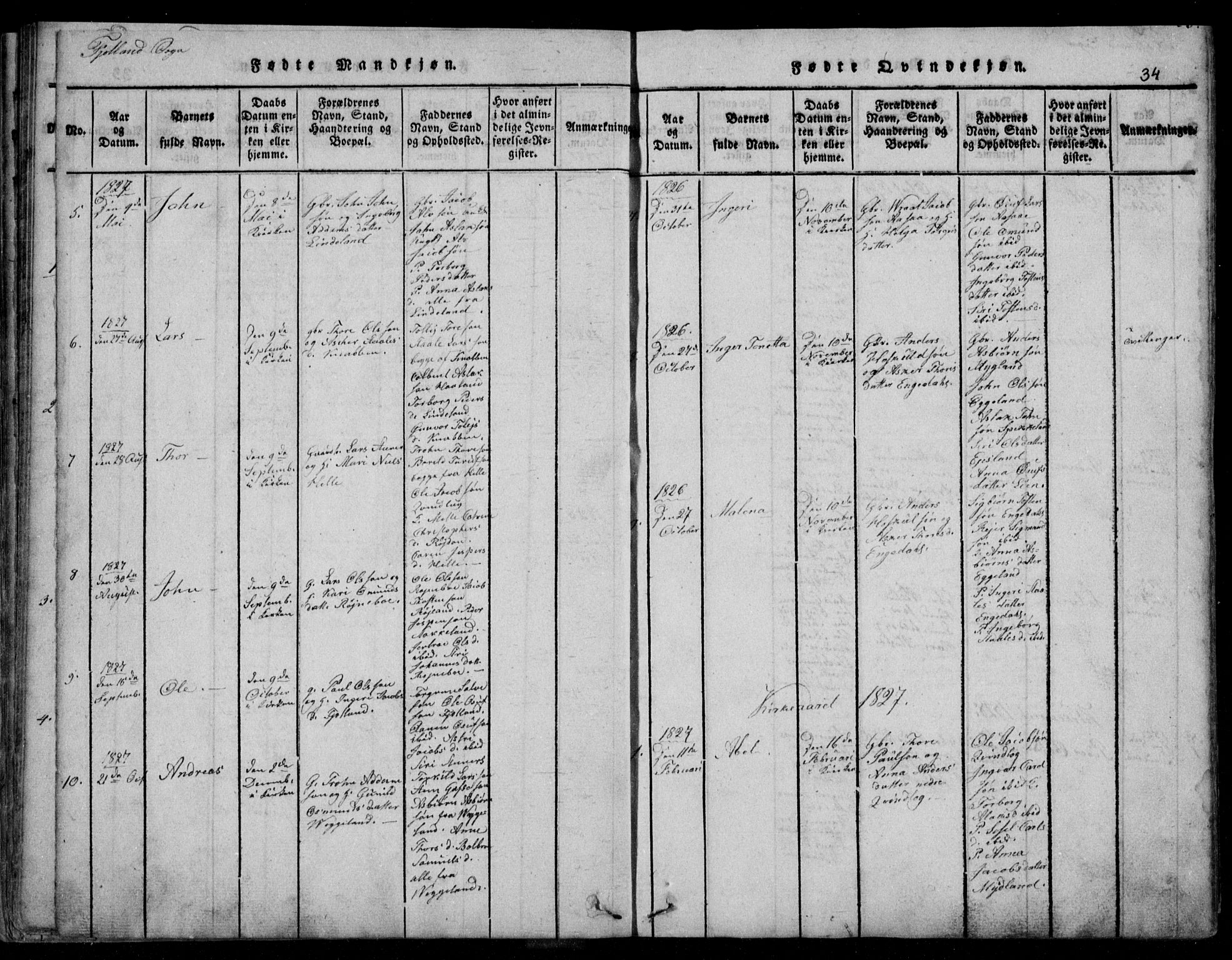 Fjotland sokneprestkontor, AV/SAK-1111-0010/F/Fb/L0001: Parish register (copy) no. B 1, 1816-1849, p. 34