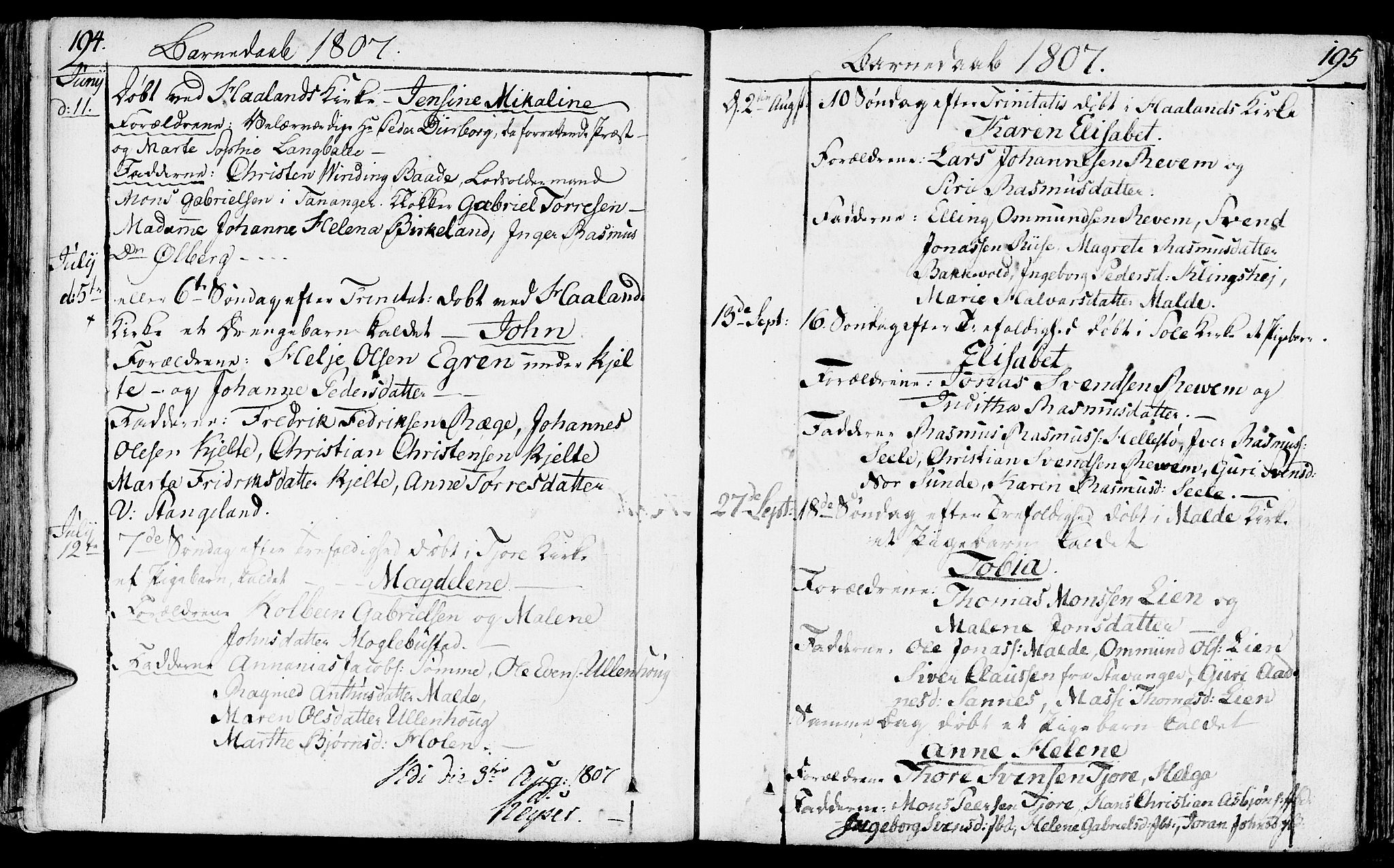 Håland sokneprestkontor, AV/SAST-A-101802/001/30BA/L0003: Parish register (official) no. A 3, 1794-1815, p. 194-195