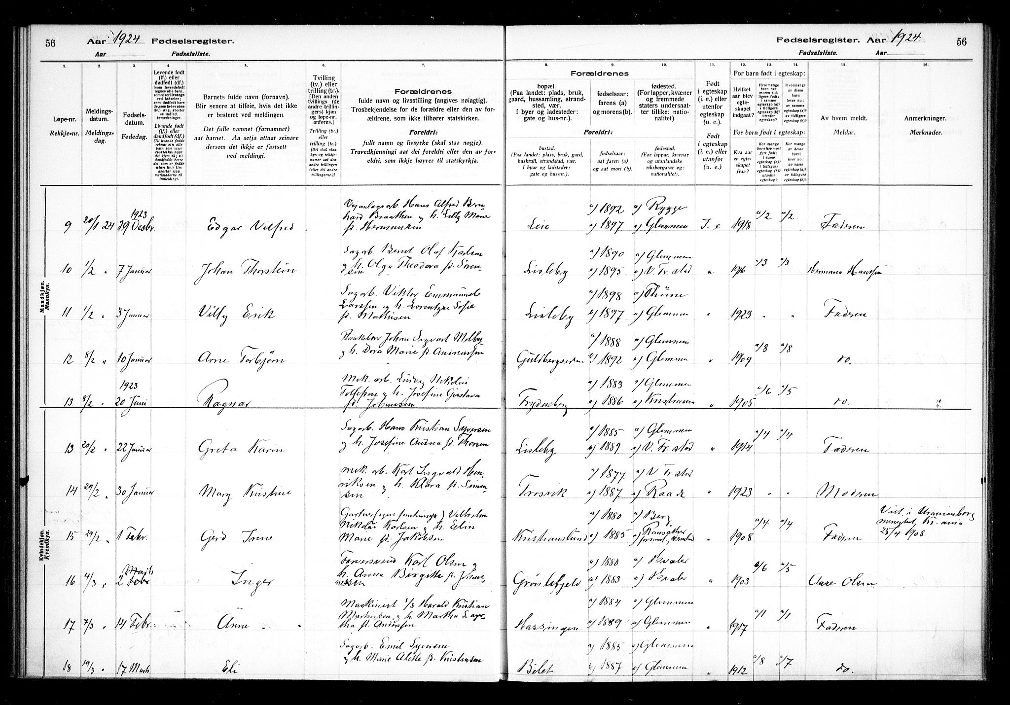 Glemmen prestekontor Kirkebøker, AV/SAO-A-10908/J/Ja/L0002: Birth register no. I 2, 1922-1929, p. 56