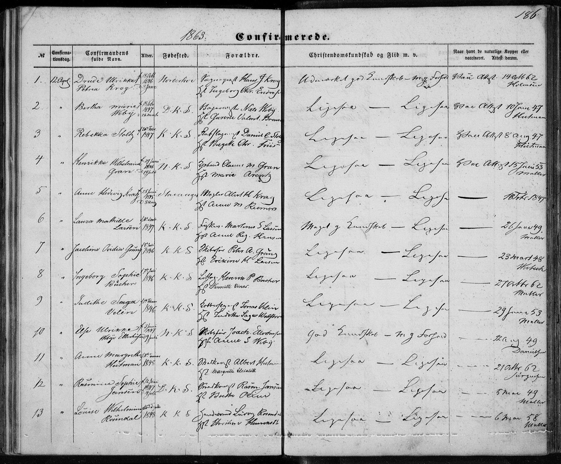Korskirken sokneprestembete, SAB/A-76101/H/Haa/L0027: Parish register (official) no. C 3, 1854-1868, p. 186