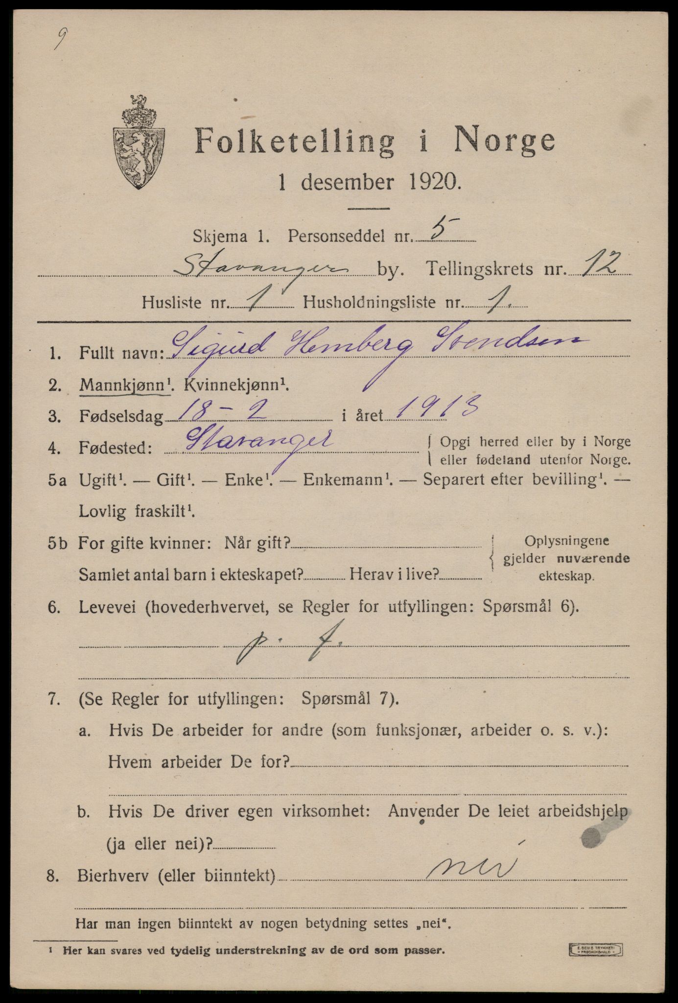 SAST, 1920 census for Stavanger, 1920, p. 56074