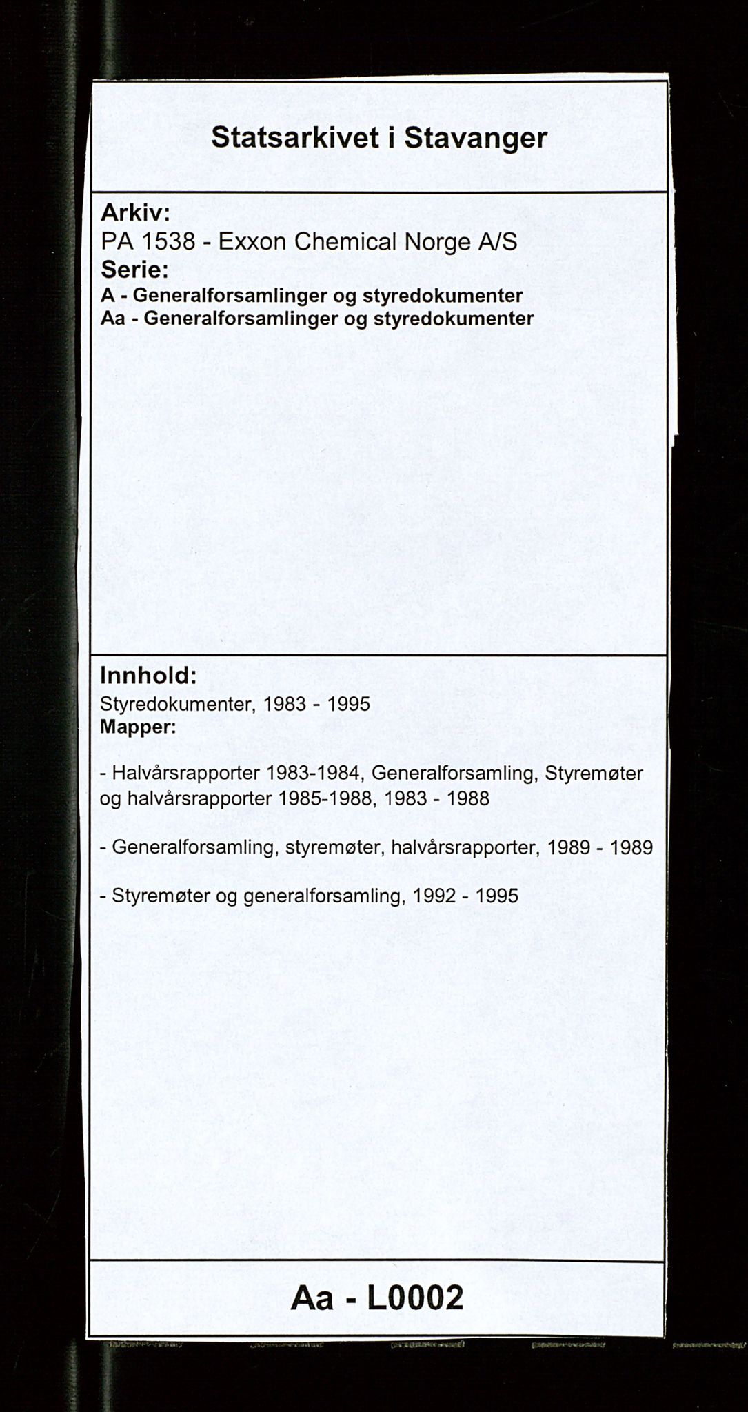 PA 1538 - Exxon Chemical Norge A/S, AV/SAST-A-101958/A/Aa/L0002/0003: Styredokumenter / Styremøter og generalforsamling, 1992-1995