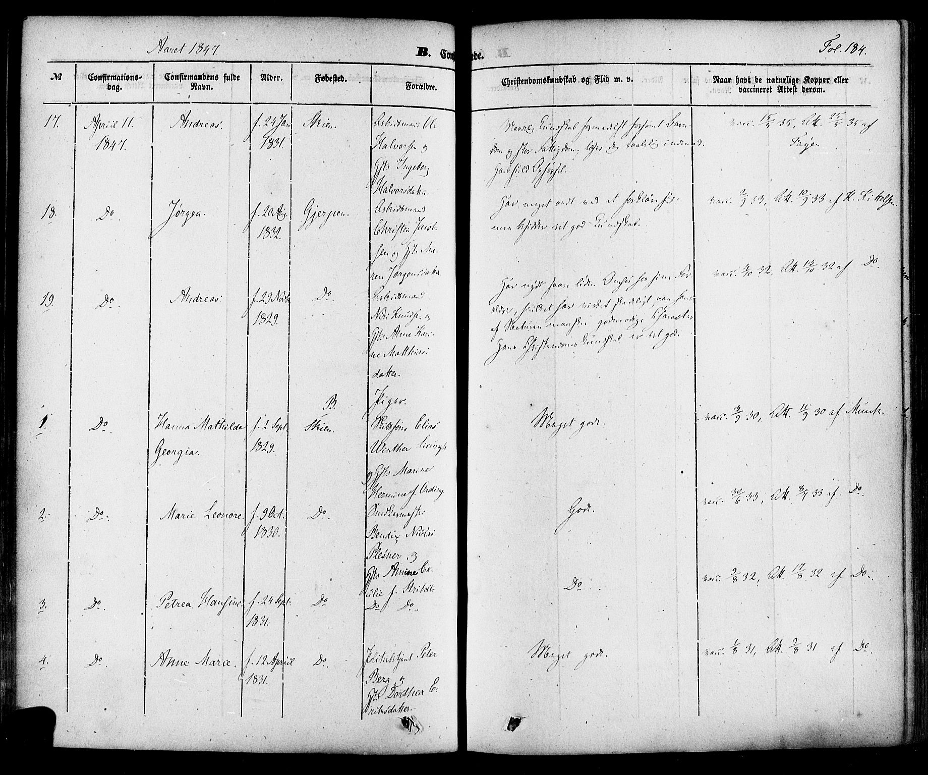 Skien kirkebøker, AV/SAKO-A-302/F/Fa/L0006a: Parish register (official) no. 6A, 1843-1856, p. 184