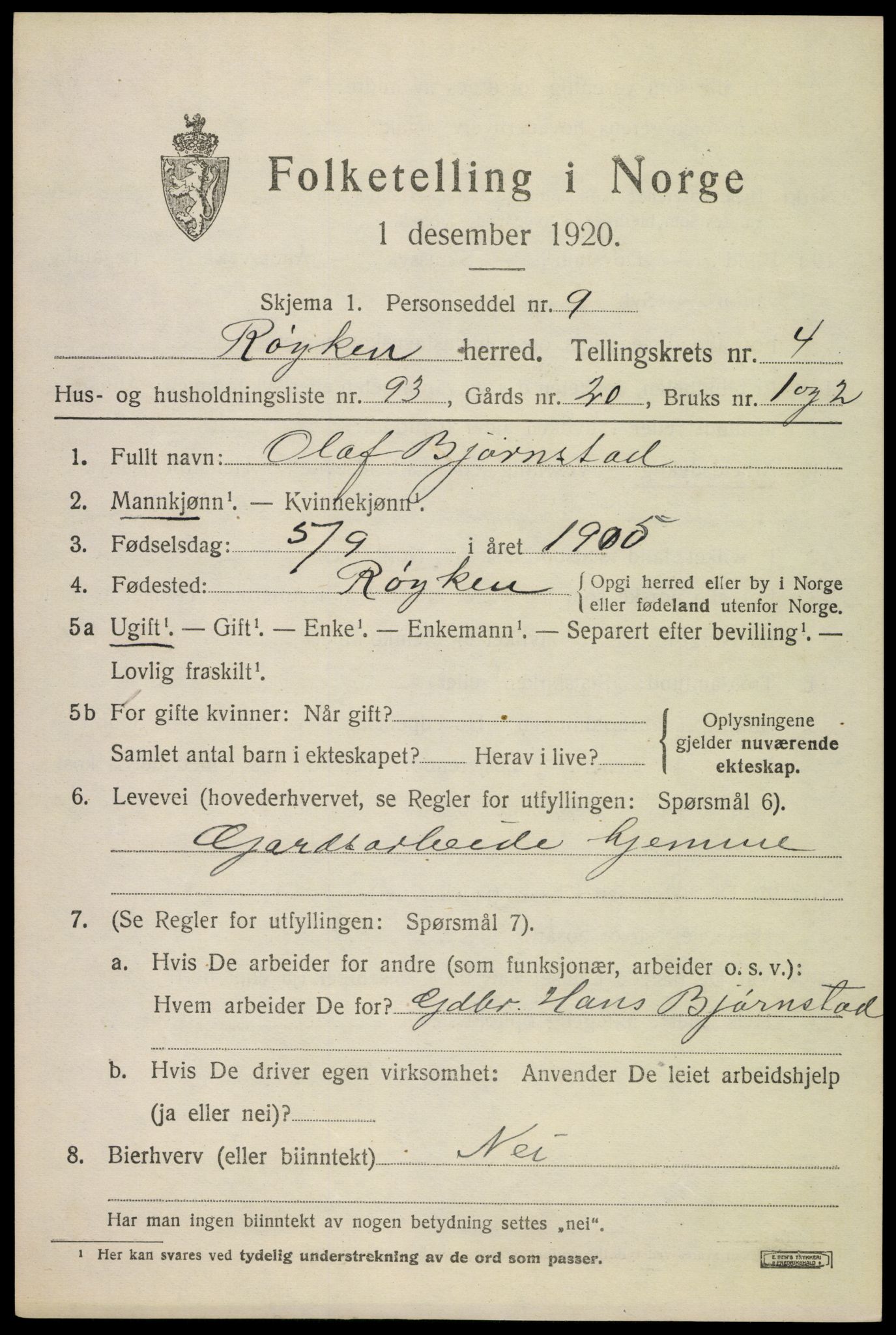 SAKO, 1920 census for Røyken, 1920, p. 6648