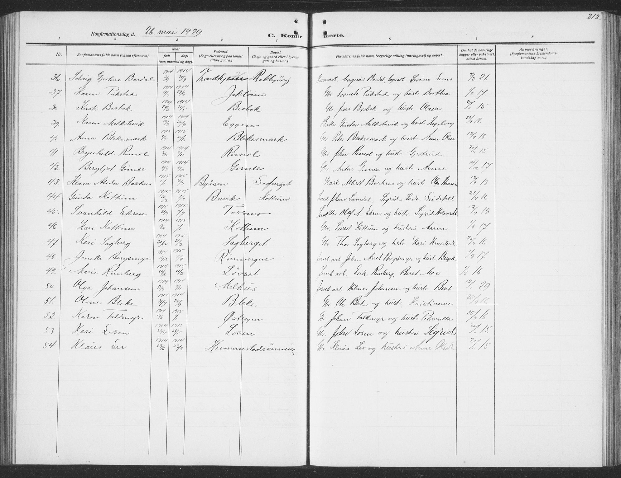 Ministerialprotokoller, klokkerbøker og fødselsregistre - Sør-Trøndelag, SAT/A-1456/691/L1095: Parish register (copy) no. 691C06, 1912-1933, p. 212