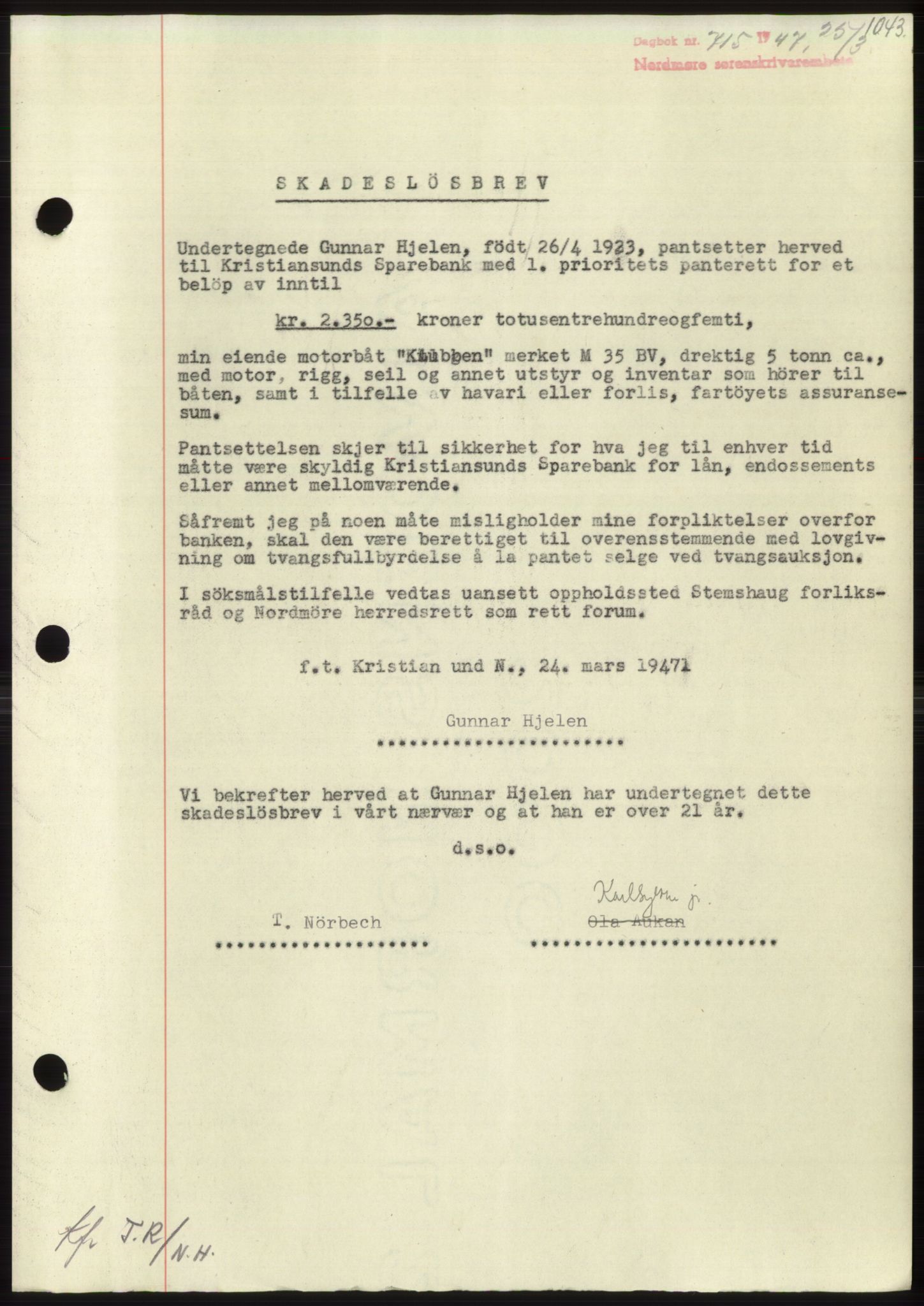 Nordmøre sorenskriveri, AV/SAT-A-4132/1/2/2Ca: Mortgage book no. B95, 1946-1947, Diary no: : 715/1947