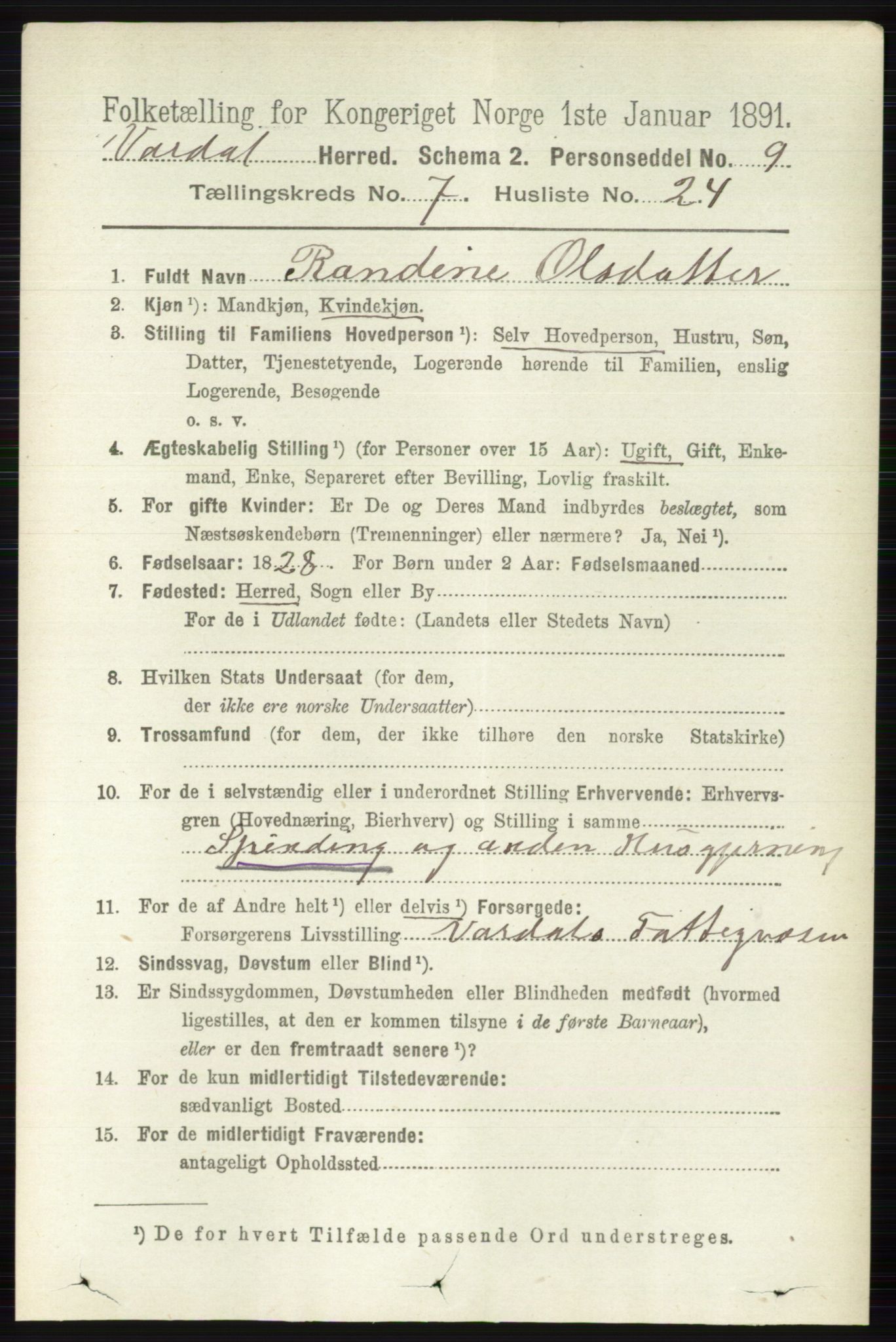 RA, 1891 census for 0527 Vardal, 1891, p. 3125