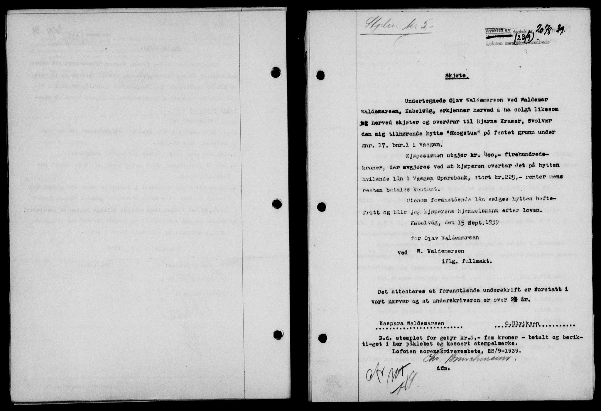 Lofoten sorenskriveri, SAT/A-0017/1/2/2C/L0006a: Mortgage book no. 6a, 1939-1939, Diary no: : 2078/1939