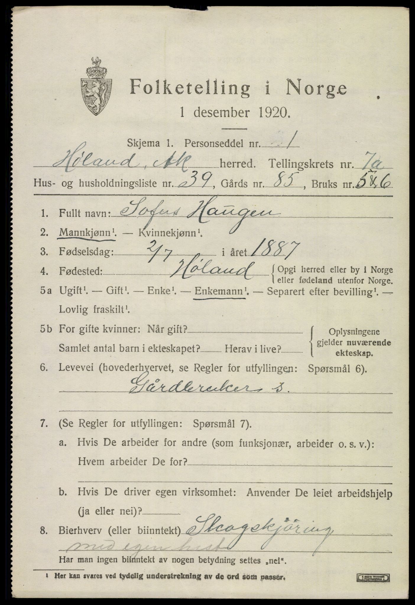 SAO, 1920 census for Høland, 1920, p. 9617