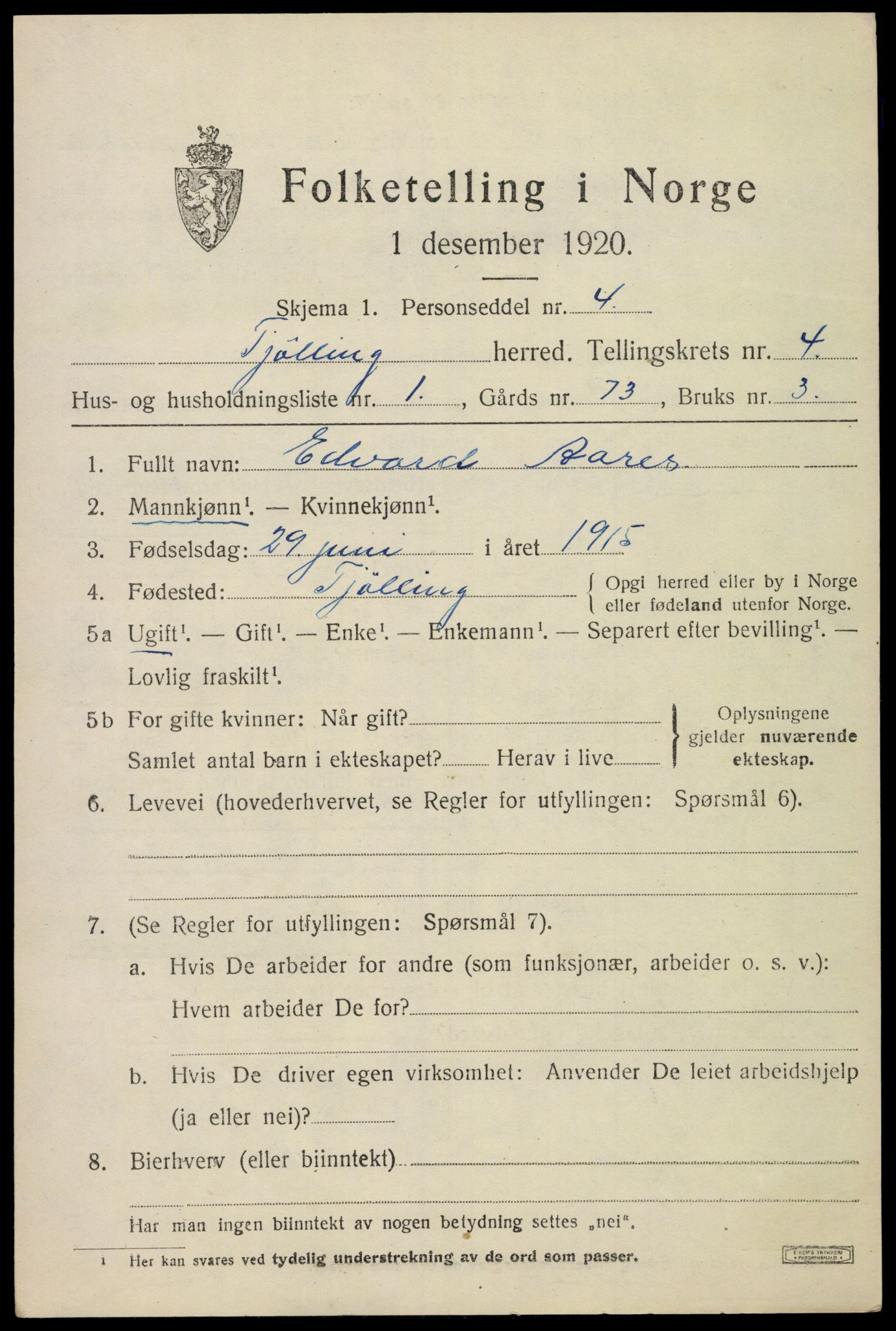 SAKO, 1920 census for Tjølling, 1920, p. 7505
